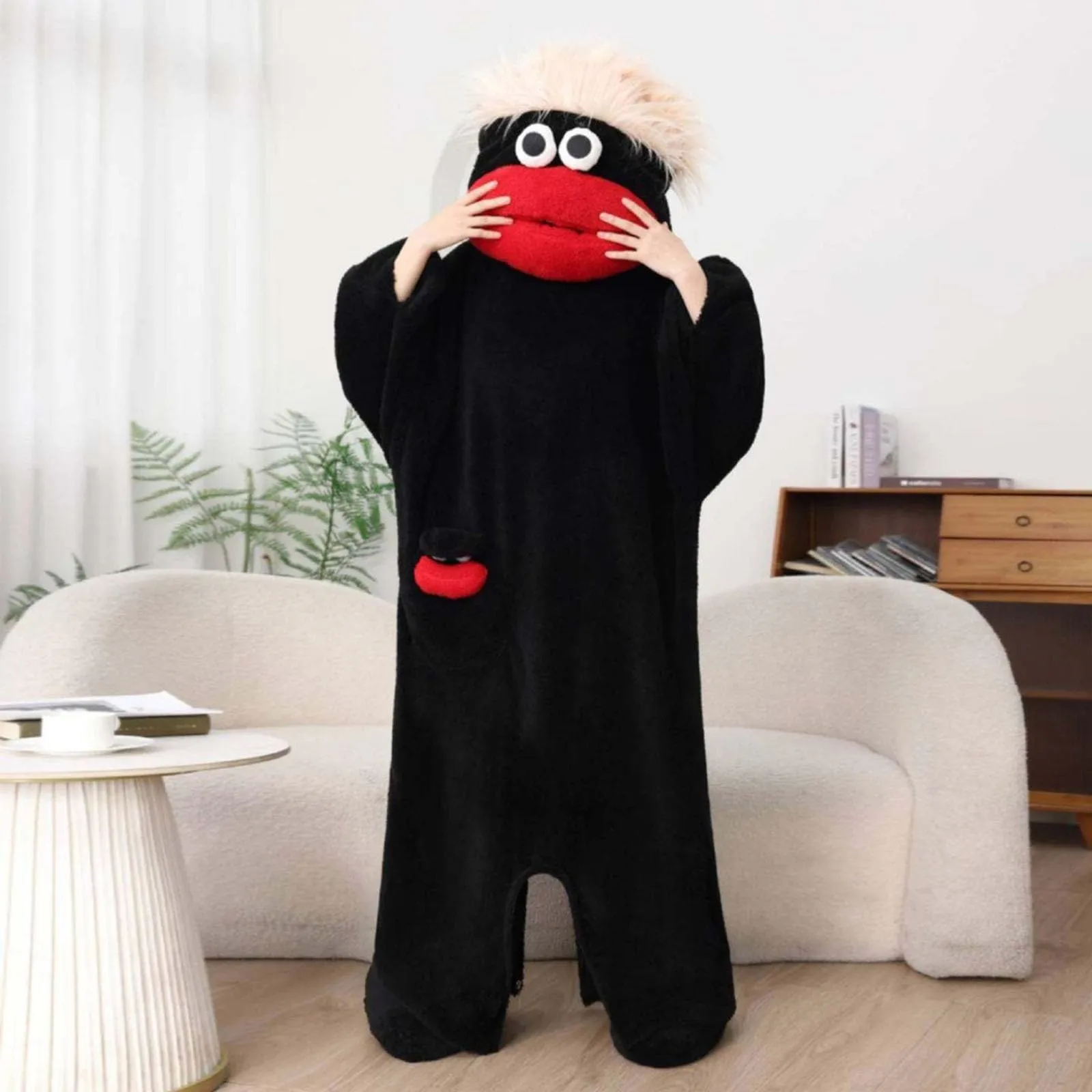 Costume Tuta Intera Mostro a Bocca Grande in Pile, Unisex, Nero, XL - immagine 3