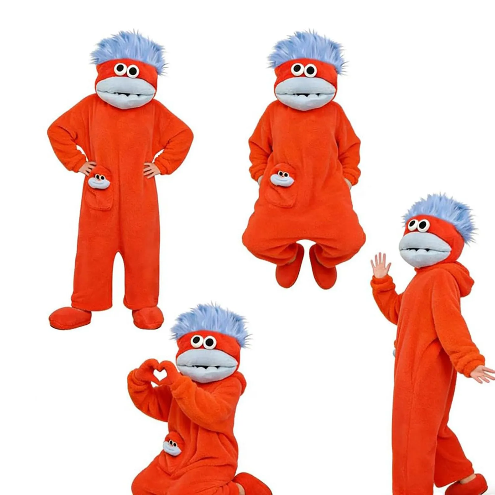 Costume Tuta Intera Mostro a Bocca Grande in Pile, Unisex, Arancione, M - immagine 6