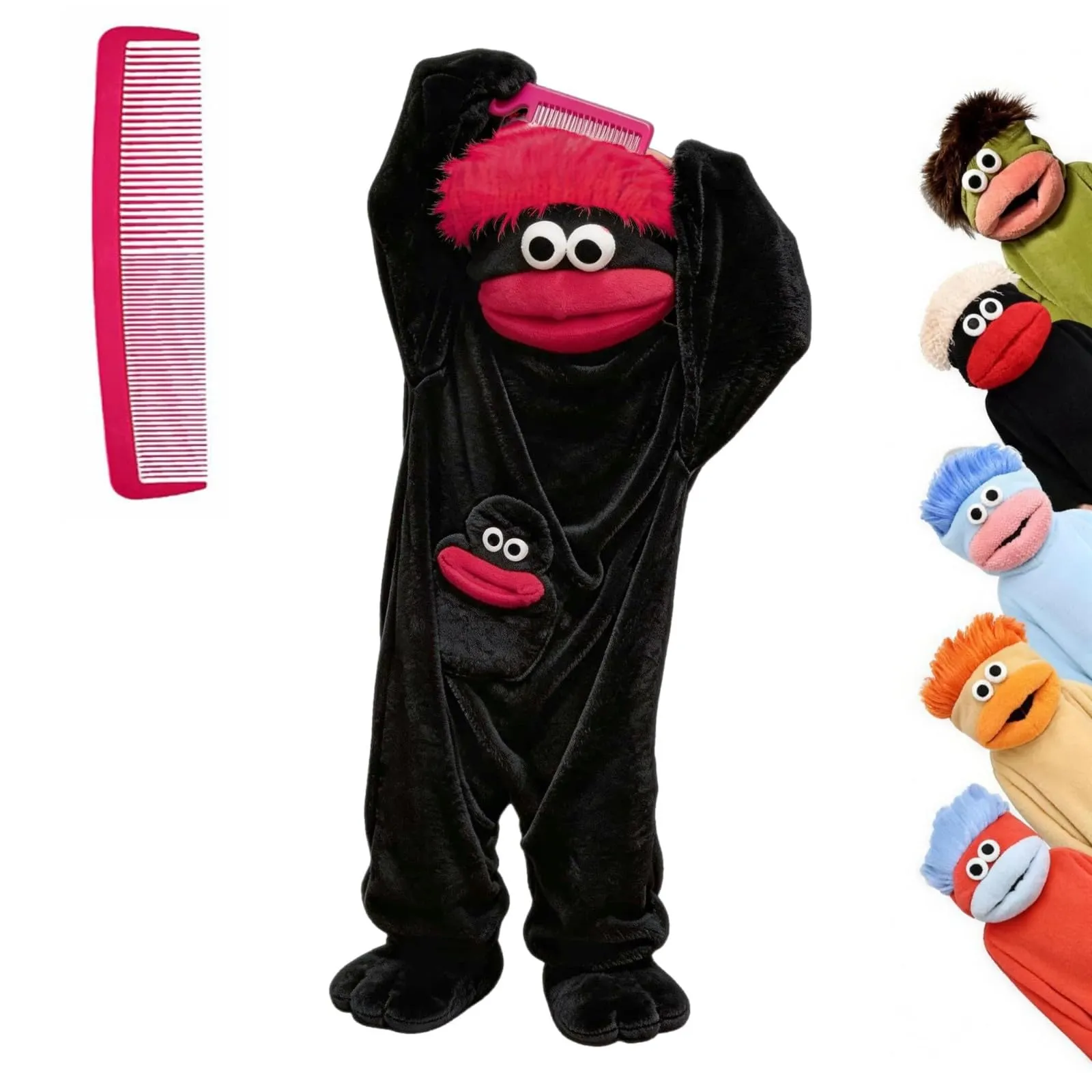 Costume Tuta Intera Mostro a Bocca Grande in Pile, Unisex, Nero 2, S - immagine 1