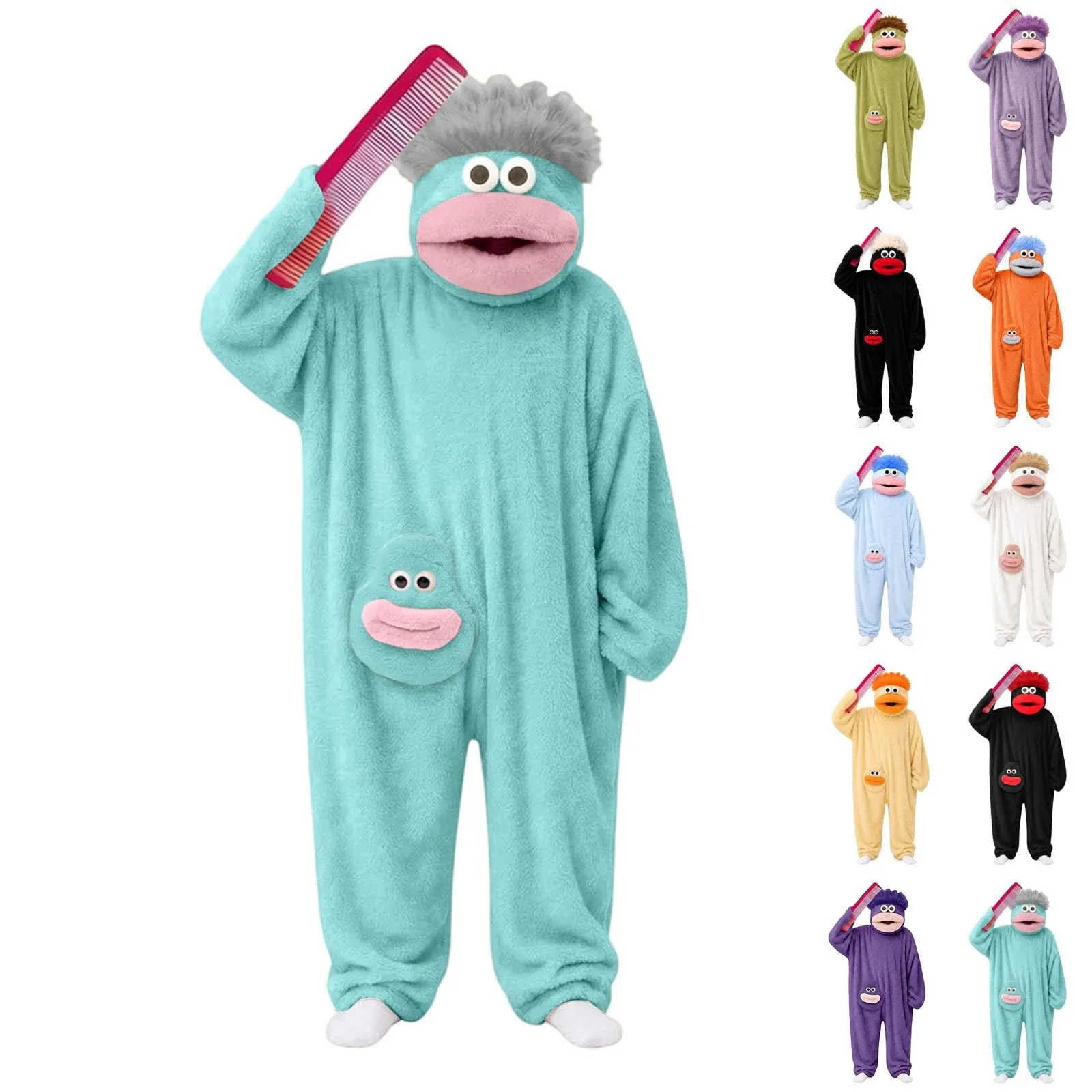 Tutina Mostro a Bocca Grande in Pile Unisex, Costume di Halloween e Pigiama, Azzurro, M - immagine 7