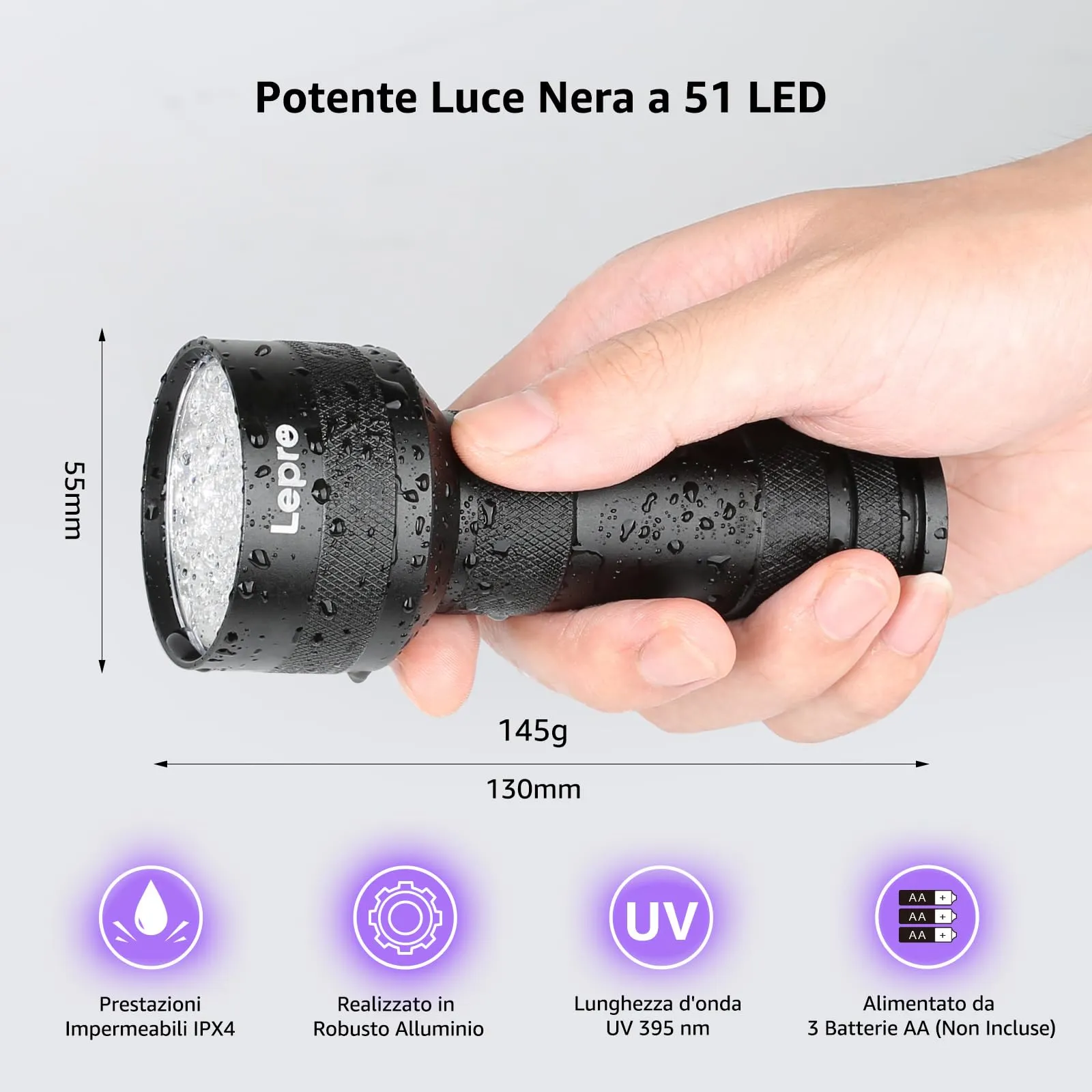 Lepro Torcia UV 395nm 51 LED Luce Nera Professionale - immagine 3
