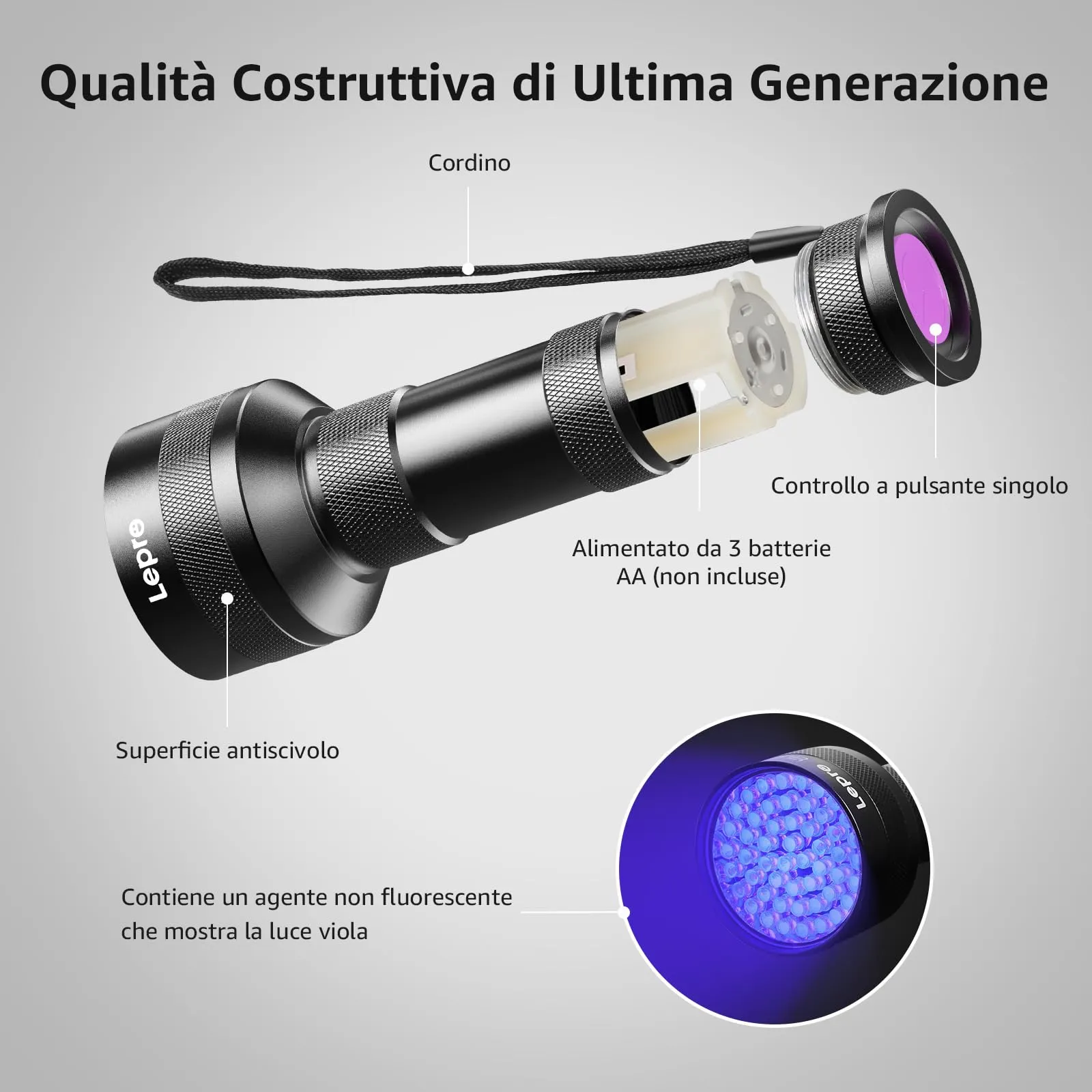 Lepro Torcia UV 395nm 51 LED Luce Nera Professionale - immagine 8
