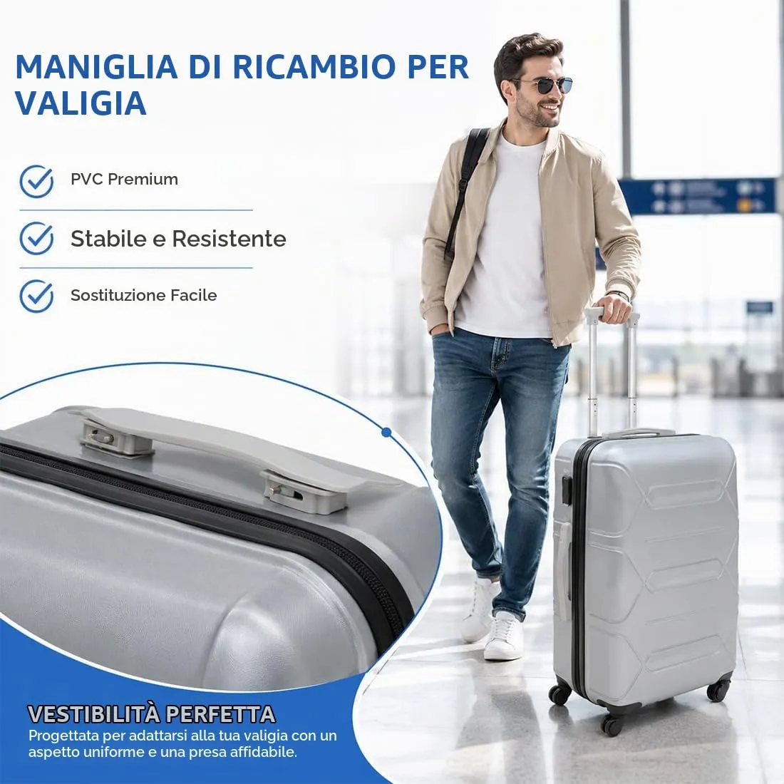 FCPEAG Manici Sostituzione Valigia in PVC Antiscivolo, Grigio Chiaro, 2 Pezzi, 21,3cm (Interasse 10,5cm e 19cm) - immagine 4