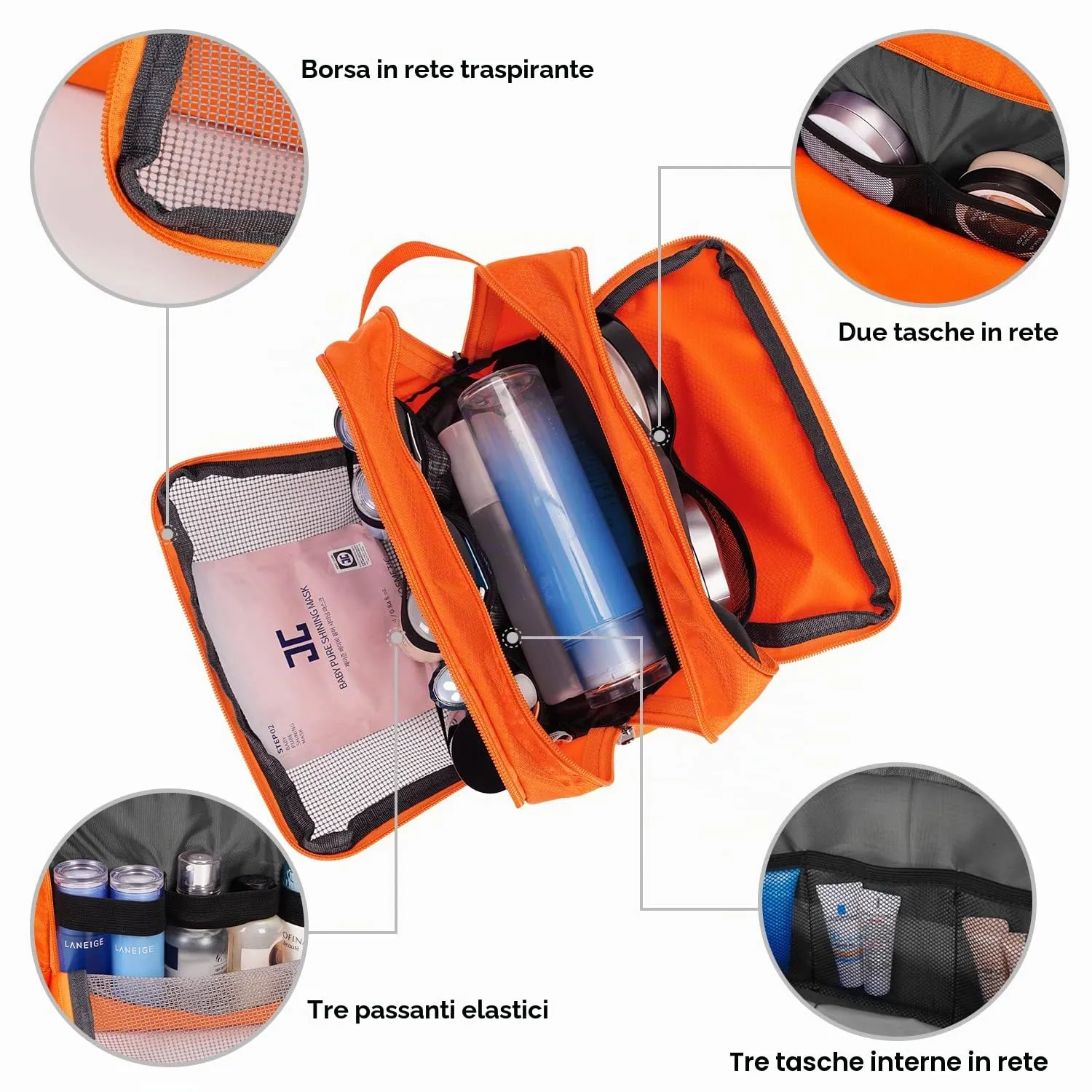 WANDF Beauty Bag Cosmetic and Toiletry Bag for Men & Women, A-Pure Orange - immagine 4