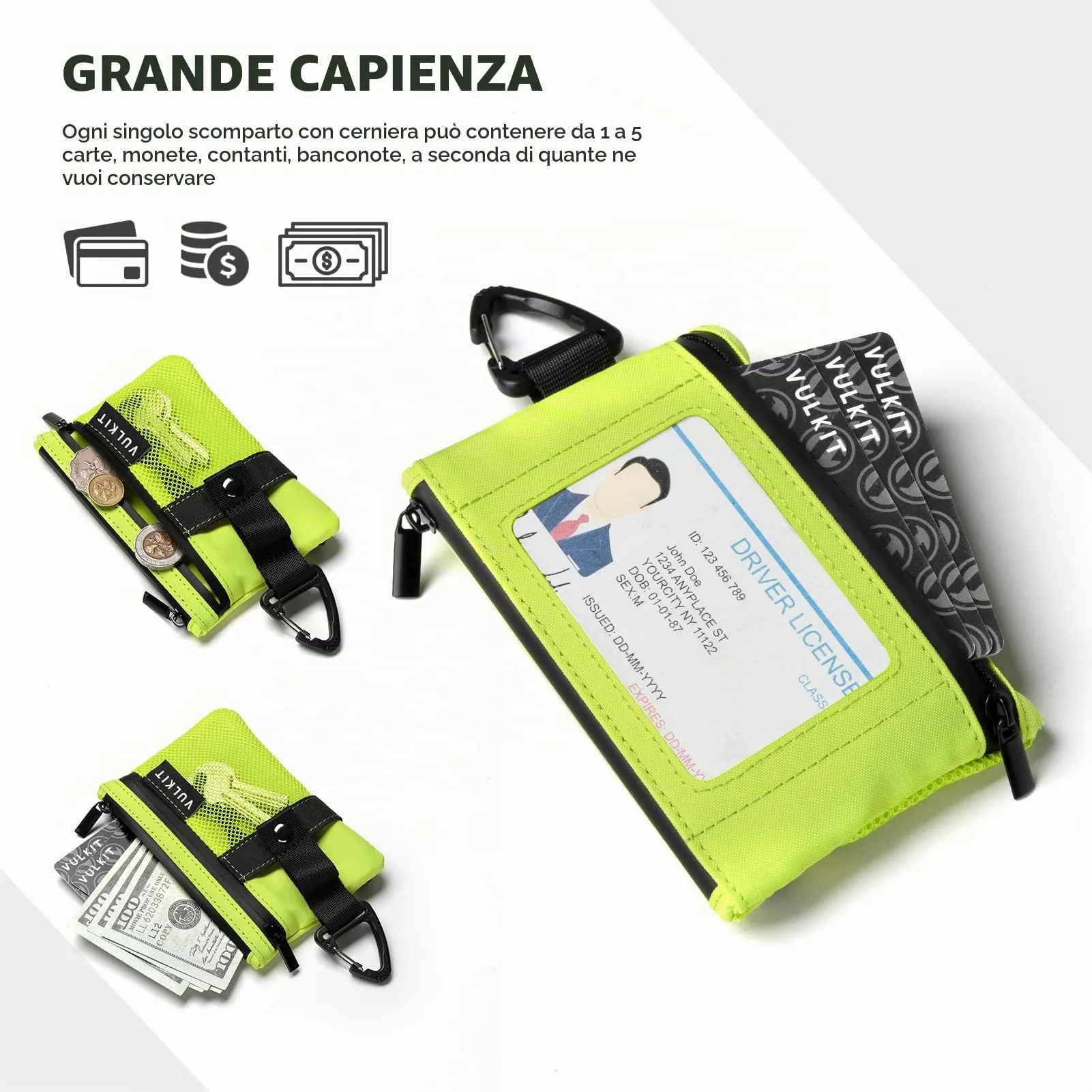 VULKIT Portafoglio Minimalistico RFID in Nylon con Finestra Identificativa e Cerniera, Verde Lime - immagine 2