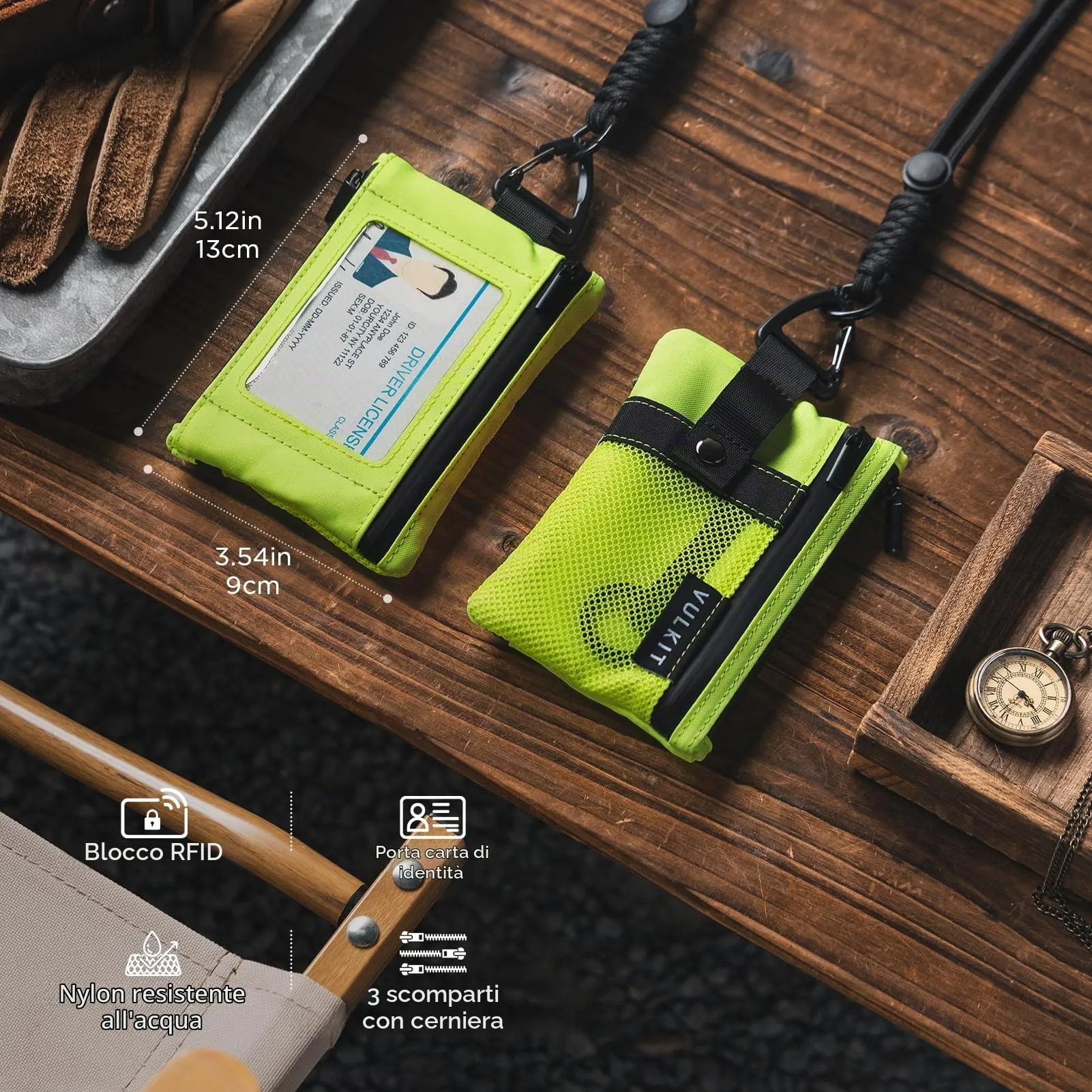 VULKIT Portafoglio Minimalistico RFID in Nylon con Finestra Identificativa e Cerniera, Verde Lime - immagine 5