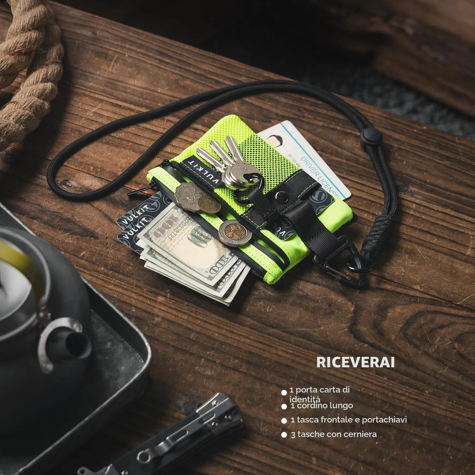 VULKIT Portafoglio Minimalistico RFID in Nylon con Finestra Identificativa e Cerniera, Verde Lime - immagine 6