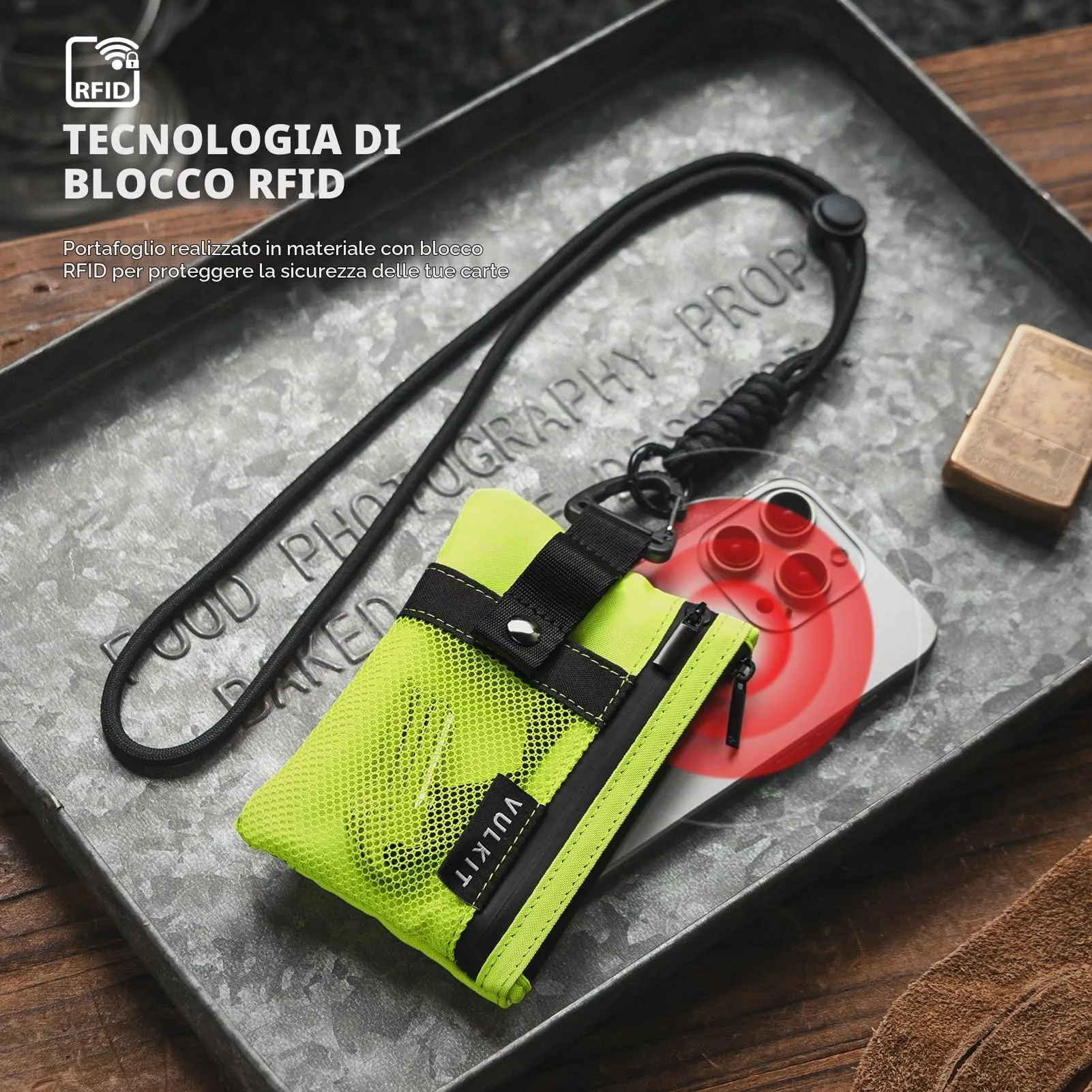 VULKIT Portafoglio Minimalistico RFID in Nylon con Finestra Identificativa e Cerniera, Verde Lime - immagine 7