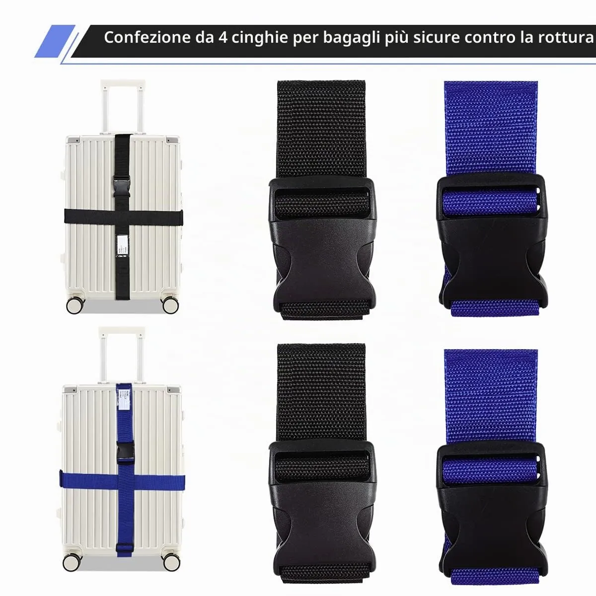 AiQInu Cinghie per Valigie, 4 Pezzi Regolabili con Etichetta per Bagagli, 120-200 cm - immagine 2