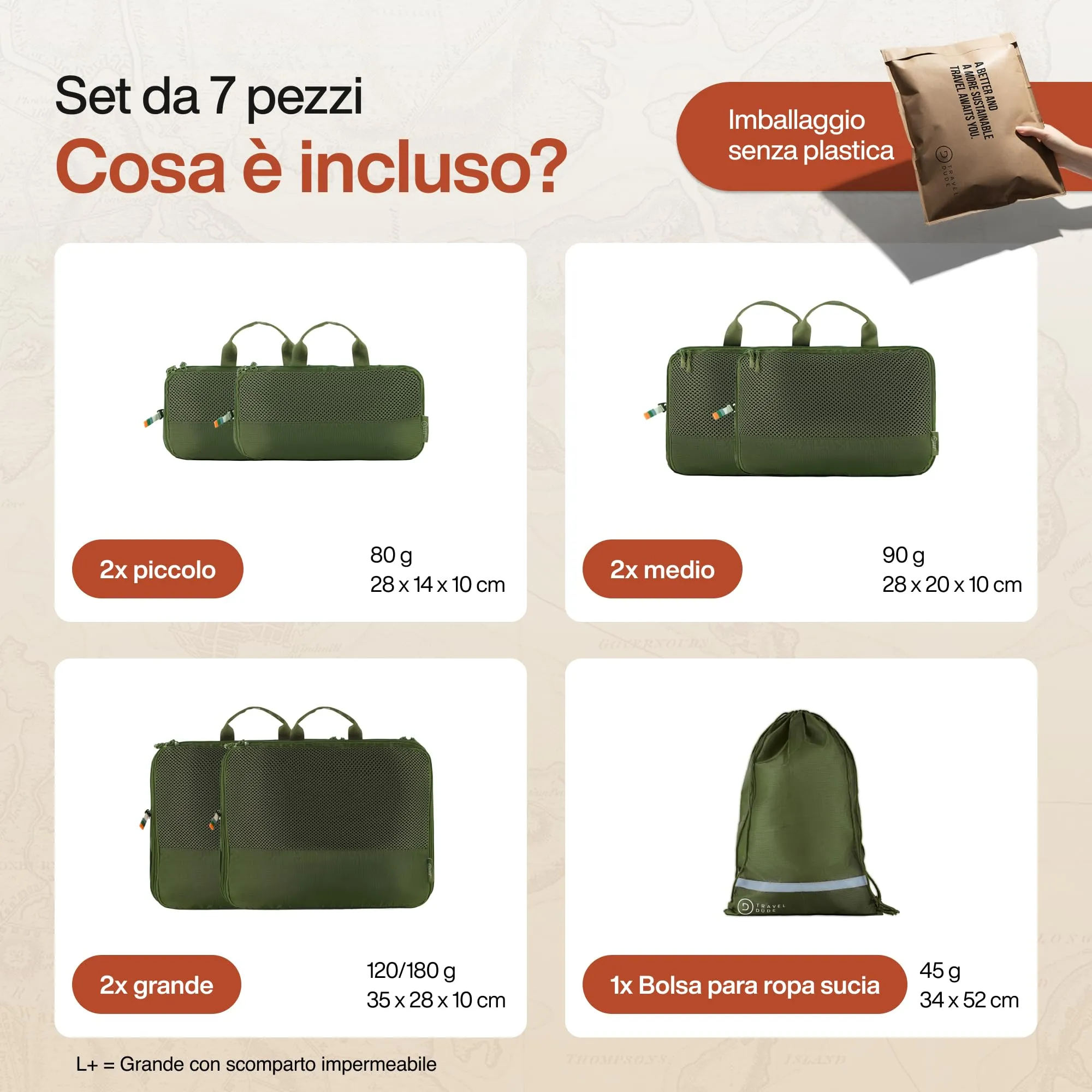 Travel Dude Organizer Valigia con Compressione, Set di 7 Packing Cubes, Verde Foresta - immagine 7