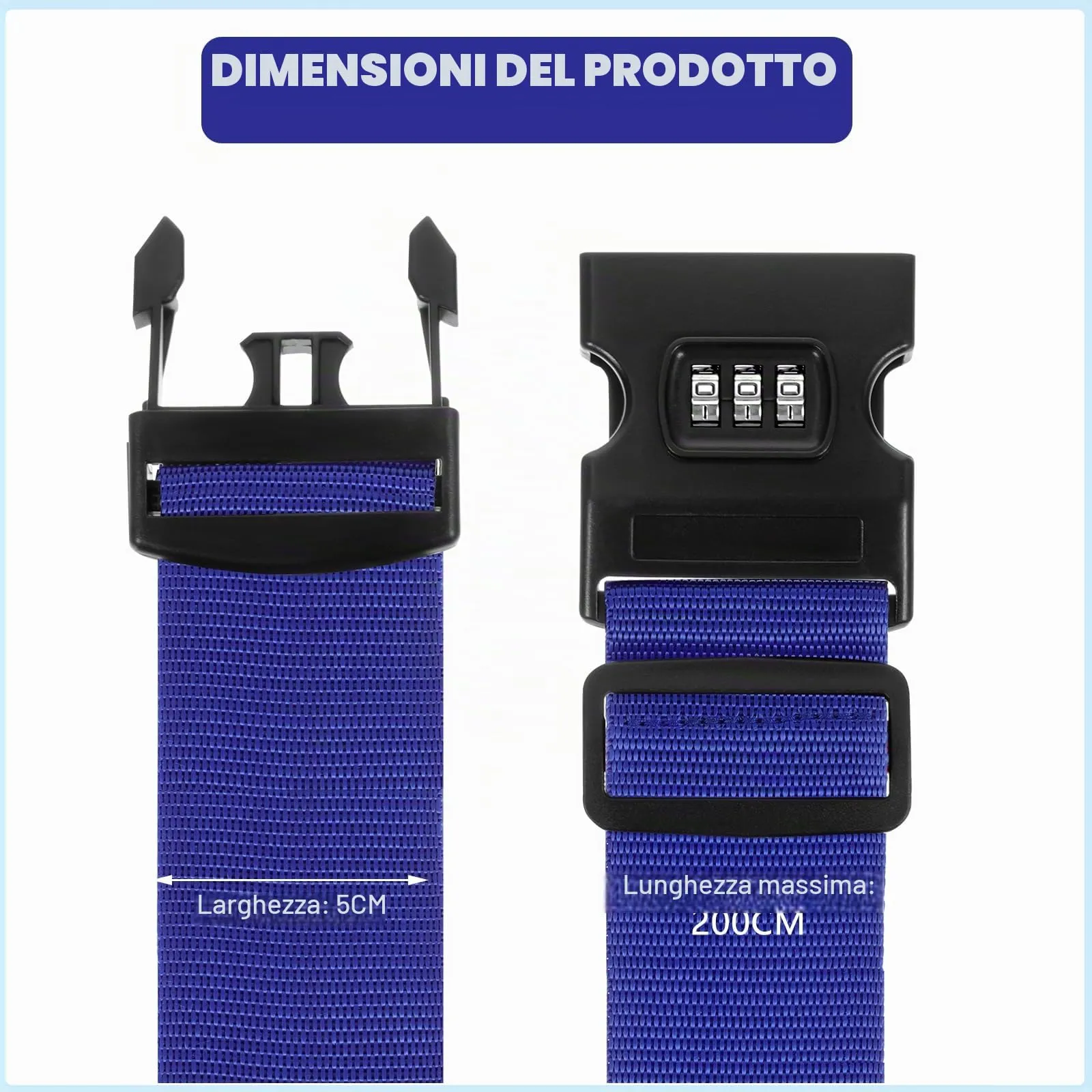 Yoosso Cinghie per Valigia con Lucchetto a Combinazione, Blu, 2 Pezzi - immagine 2
