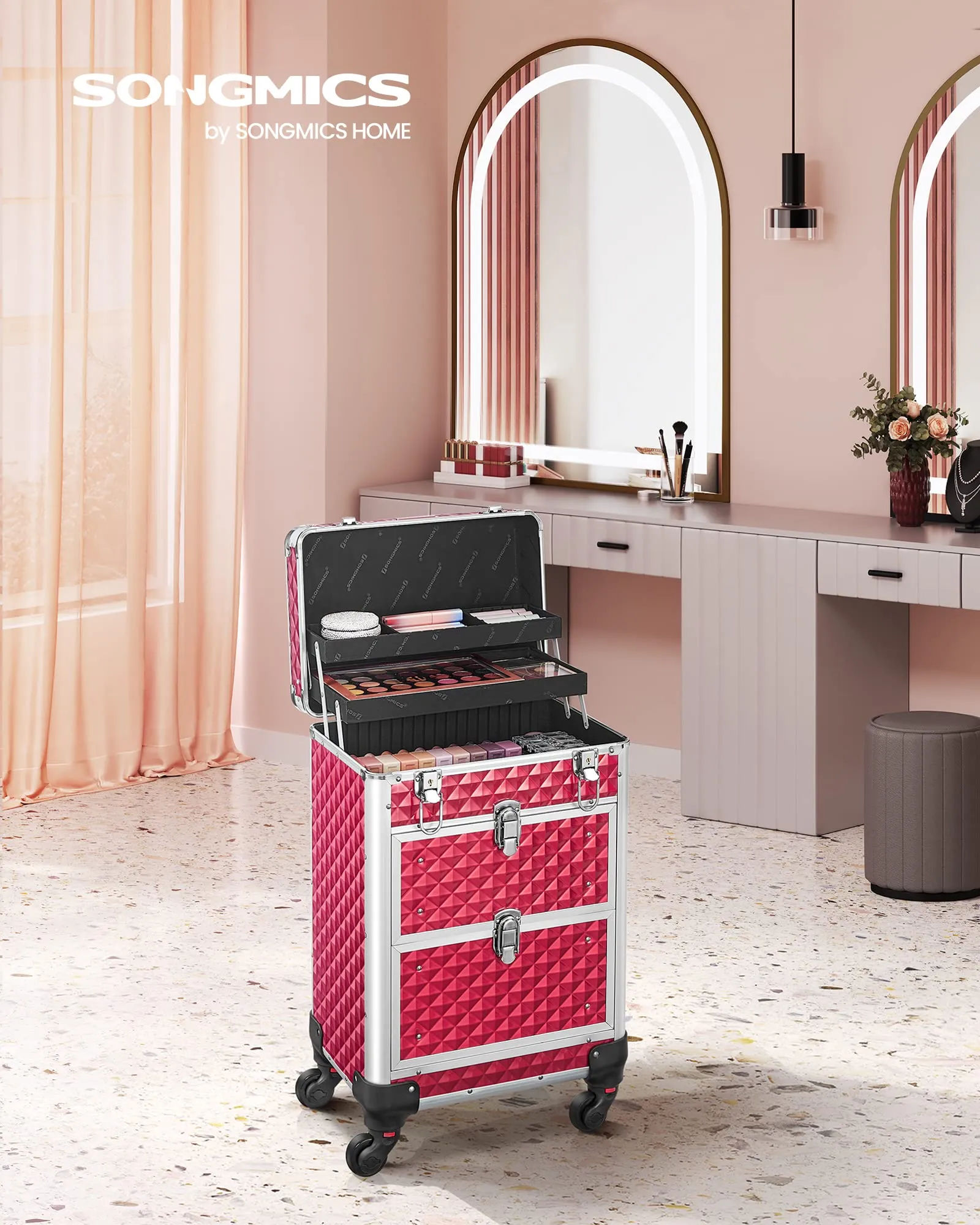 SONGMICS Valigetta Trucchi Trolley con 2 Cassetti, 34 x 24 x 56 cm, Rosso JHZ08RD - immagine 2