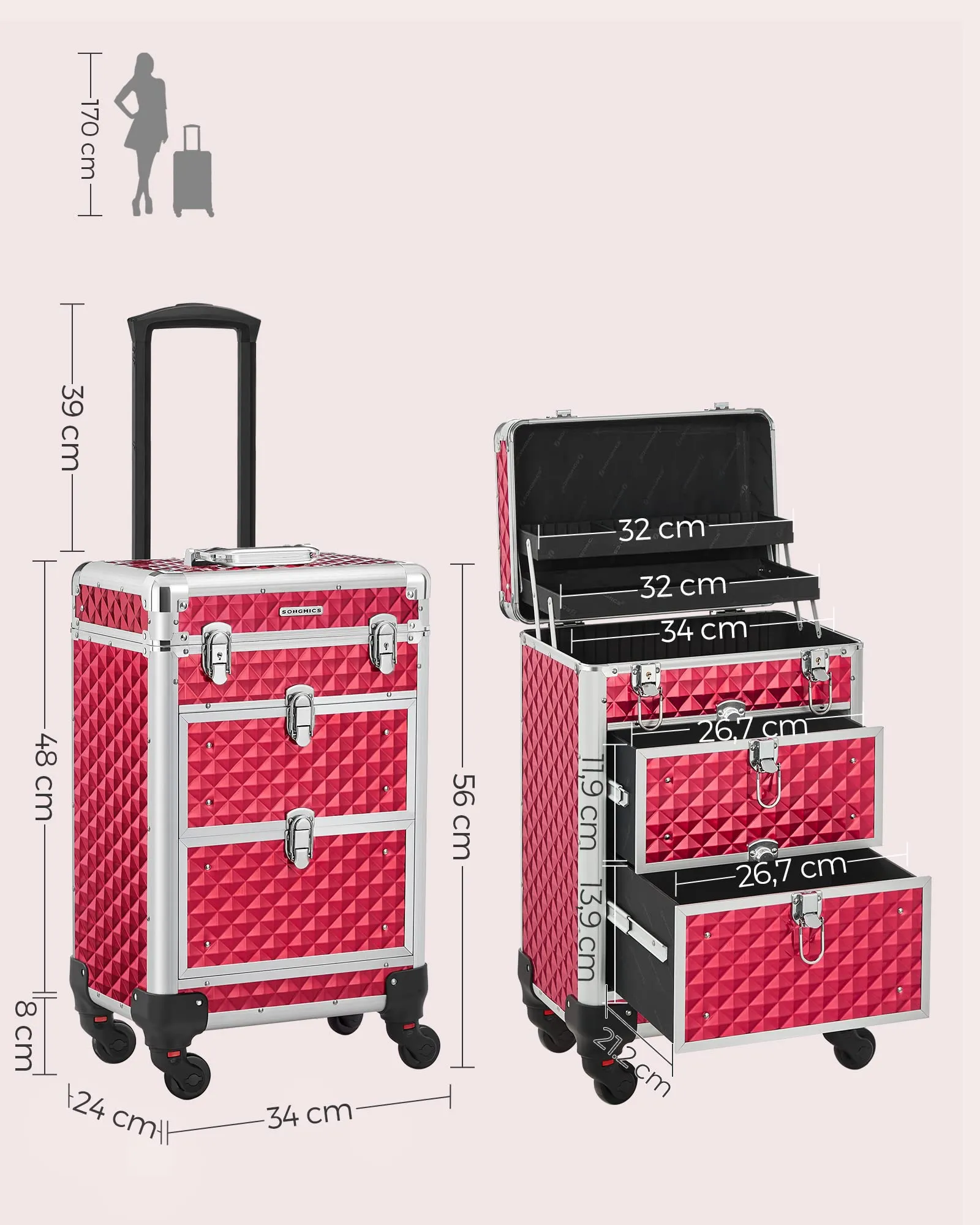 SONGMICS Valigetta Trucchi Trolley con 2 Cassetti, 34 x 24 x 56 cm, Rosso JHZ08RD - immagine 3