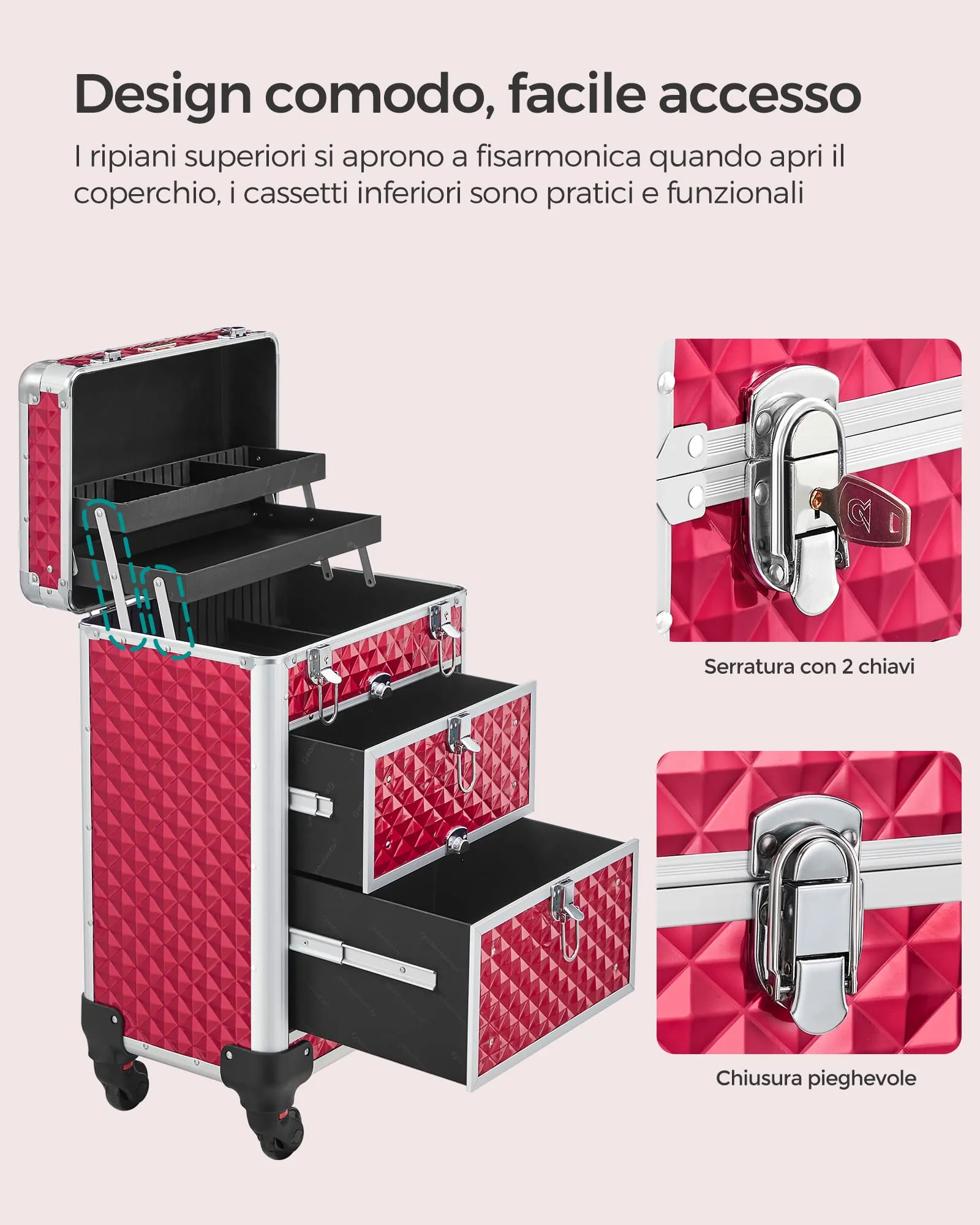 SONGMICS Valigetta Trucchi Trolley con 2 Cassetti, 34 x 24 x 56 cm, Rosso JHZ08RD - immagine 4