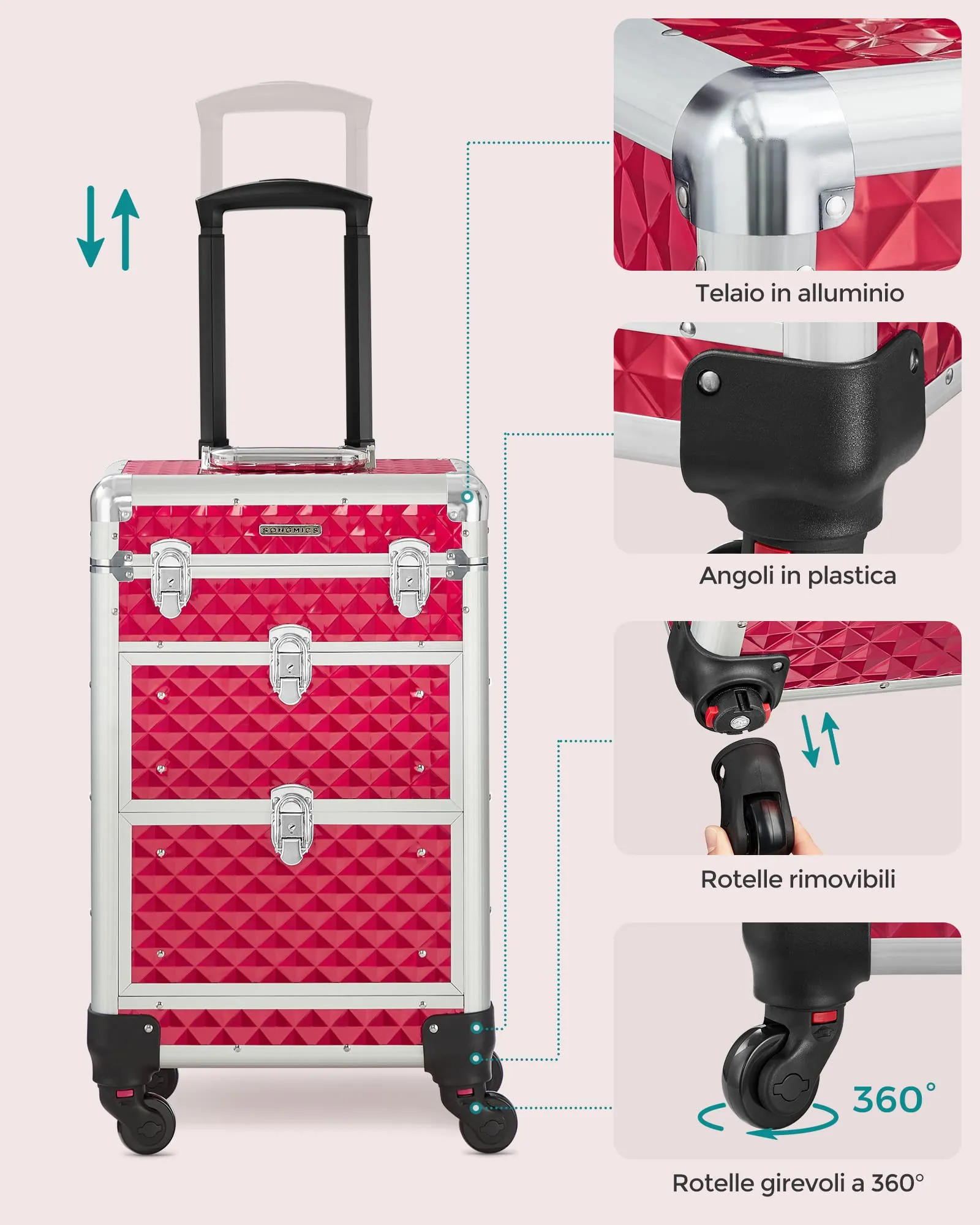 SONGMICS Valigetta Trucchi Trolley con 2 Cassetti, 34 x 24 x 56 cm, Rosso JHZ08RD - immagine 5