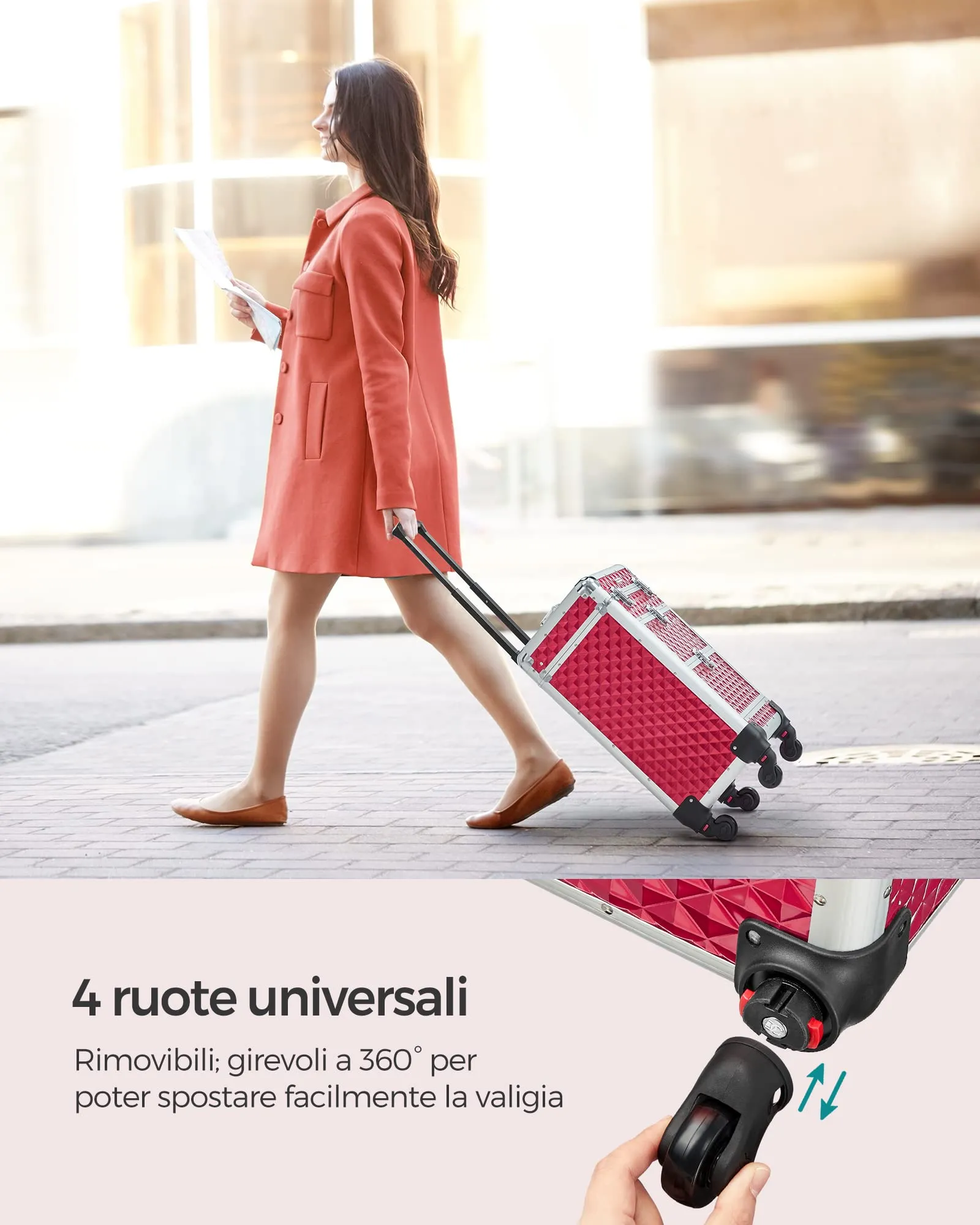 SONGMICS Valigetta Trucchi Trolley con 2 Cassetti, 34 x 24 x 56 cm, Rosso JHZ08RD - immagine 7