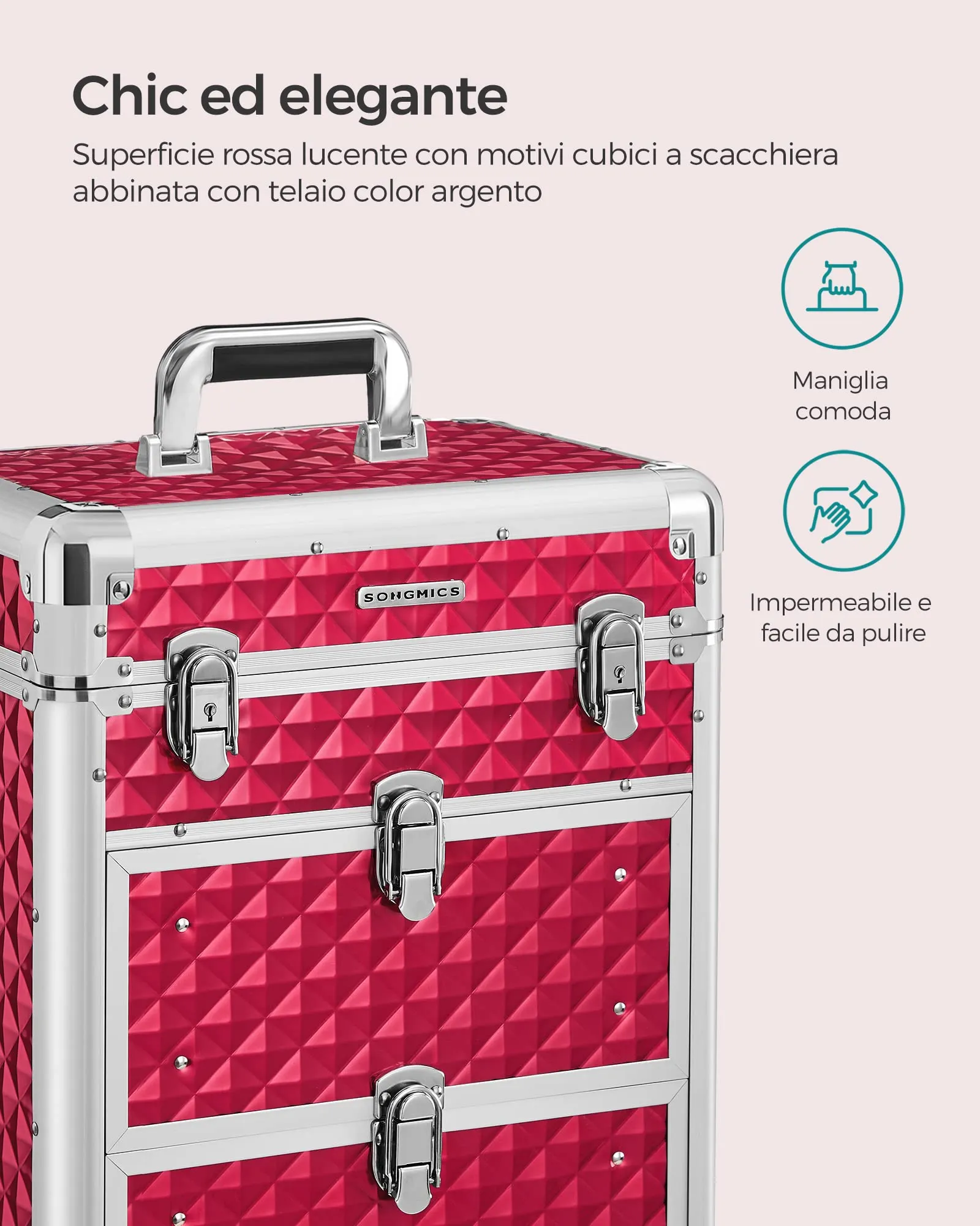 SONGMICS Valigetta Trucchi Trolley con 2 Cassetti, 34 x 24 x 56 cm, Rosso JHZ08RD - immagine 8