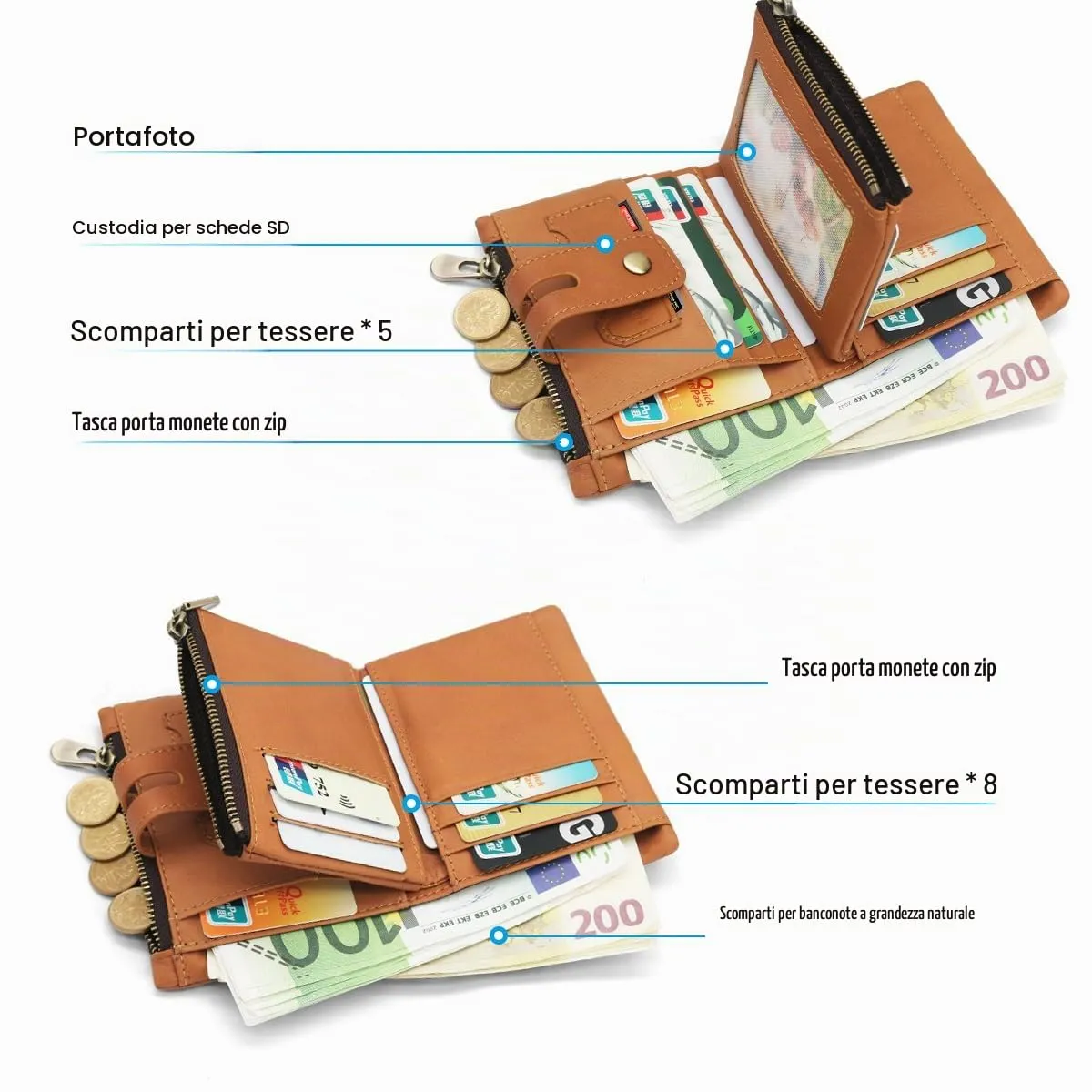 REETEE Portafoglio Uomo in Vera Pelle con Blocco RFID e Catena, 15 Porta Carte e Portamonete con Cerniera (A-marrone) - immagine 3