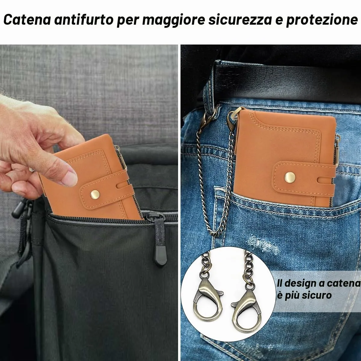 REETEE Portafoglio Uomo in Vera Pelle con Blocco RFID e Catena, 15 Porta Carte e Portamonete con Cerniera (A-marrone) - immagine 6