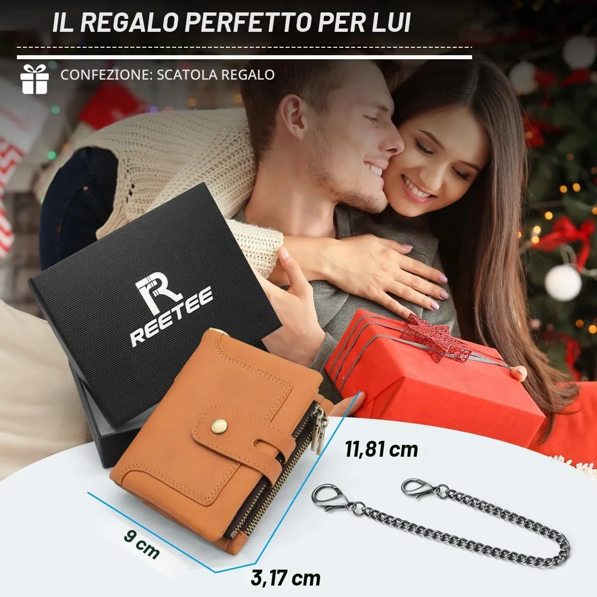 REETEE Portafoglio Uomo in Vera Pelle con Blocco RFID e Catena, 15 Porta Carte e Portamonete con Cerniera (A-marrone) - immagine 7