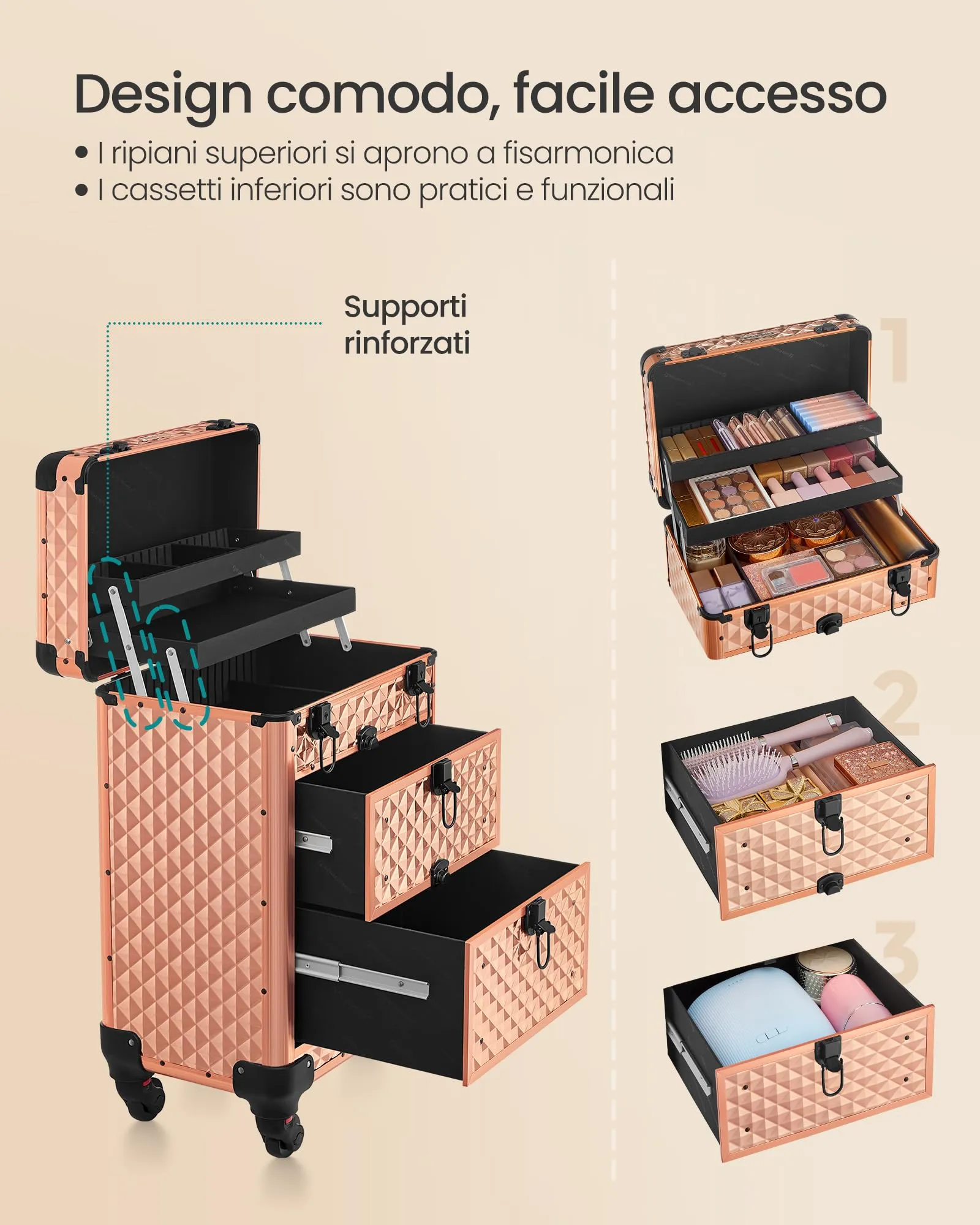 SONGMICS Valigetta Trucchi Trolley con 2 Cassetti, 34 x 24 x 56 cm - immagine 3