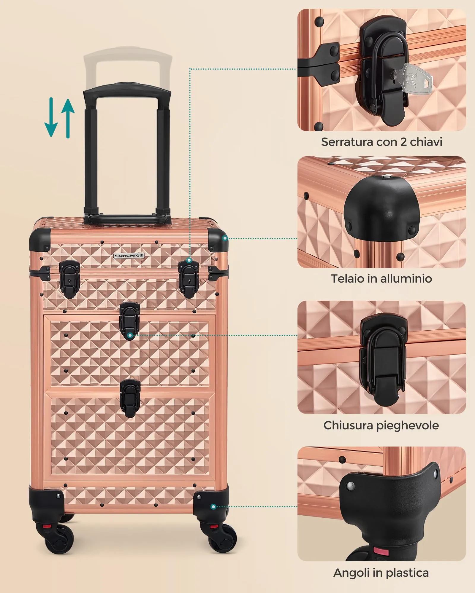 SONGMICS Valigetta Trucchi Trolley con 2 Cassetti, 34 x 24 x 56 cm - immagine 4