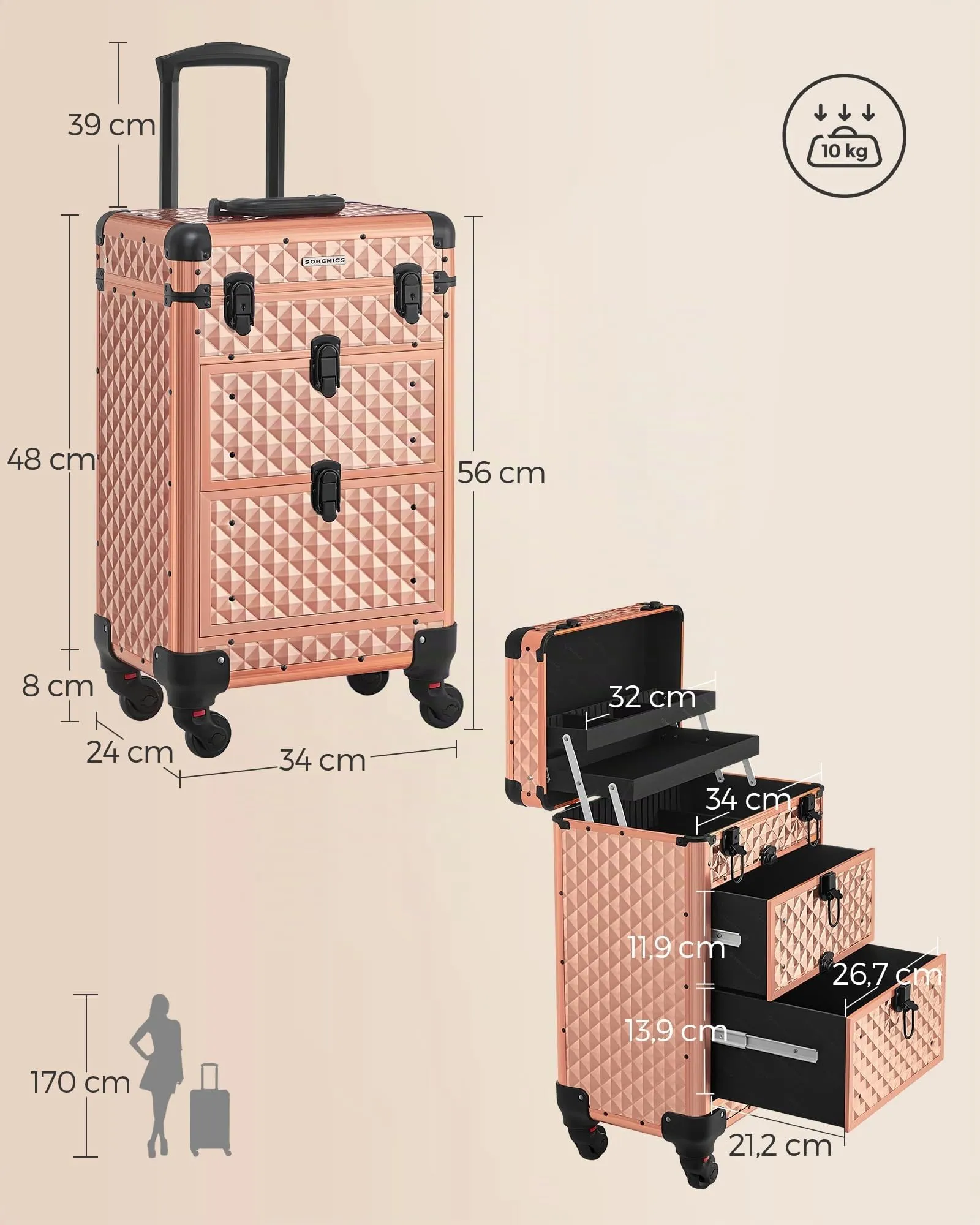 SONGMICS Valigetta Trucchi Trolley con 2 Cassetti, 34 x 24 x 56 cm - immagine 5