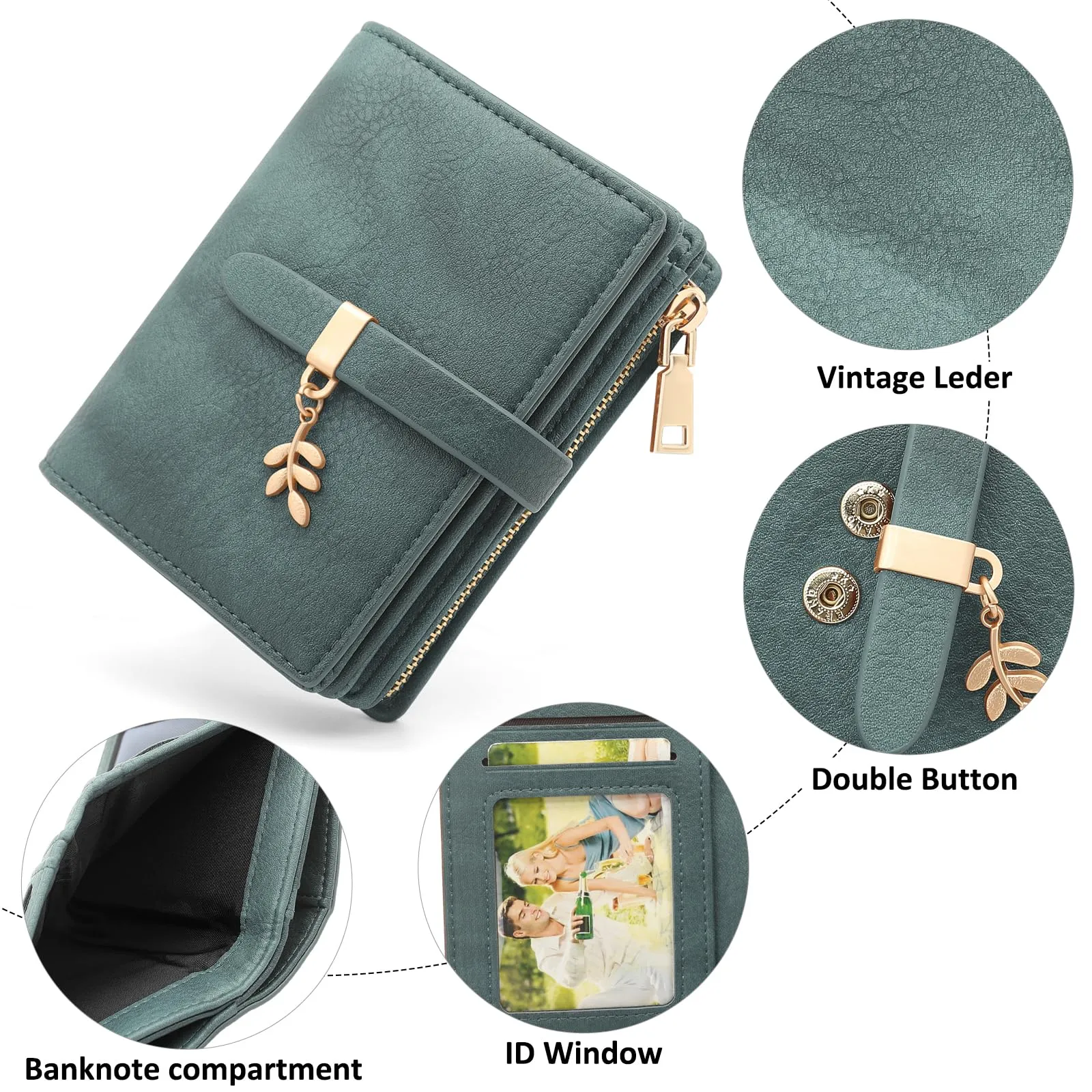HNOOM Portafoglio Donna Piccolo in Pelle PU, Protezione RFID, 19 Porta Carte e Portamonete con Cerniera (Verde Scuro) - immagine 4