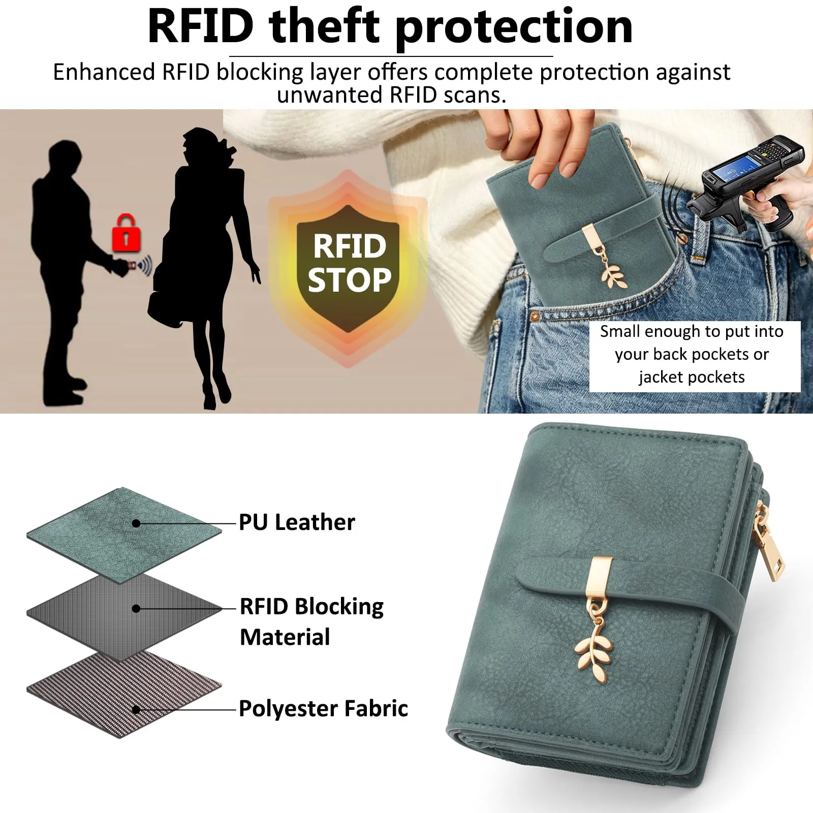 HNOOM Portafoglio Donna Piccolo in Pelle PU, Protezione RFID, 19 Porta Carte e Portamonete con Cerniera (Verde Scuro) - immagine 5
