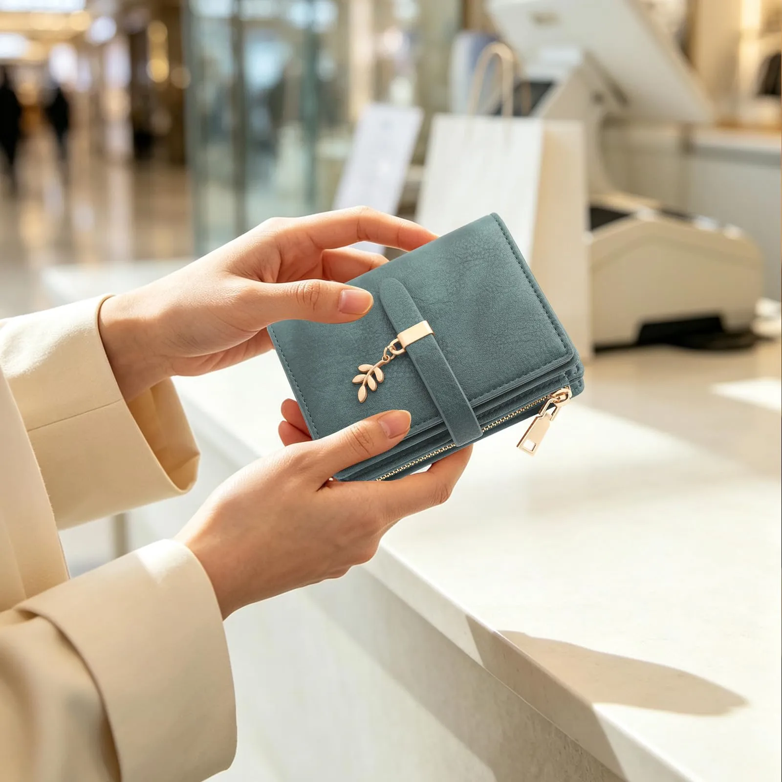 HNOOM Portafoglio Donna Piccolo in Pelle PU, Protezione RFID, 19 Porta Carte e Portamonete con Cerniera (Verde Scuro) - immagine 6