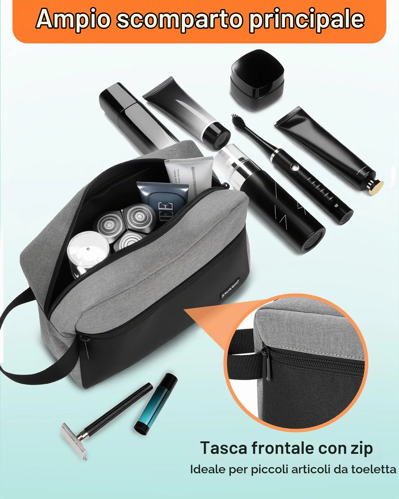 Elviros Travel Beauty Case da Viaggio in Tessuto Oxford 300D, Nero&grigio - immagine 3