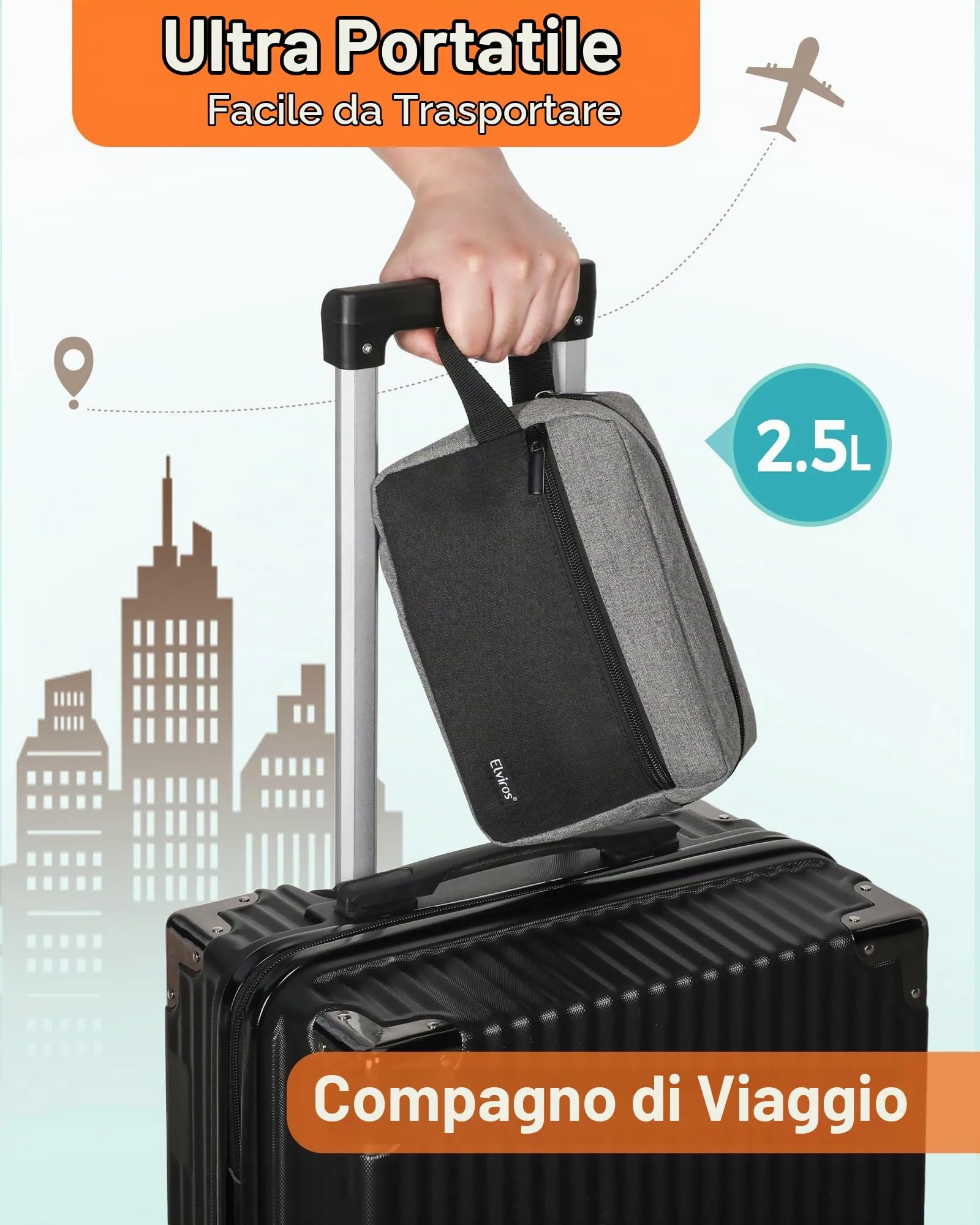 Elviros Travel Beauty Case da Viaggio in Tessuto Oxford 300D, Nero&grigio - immagine 6