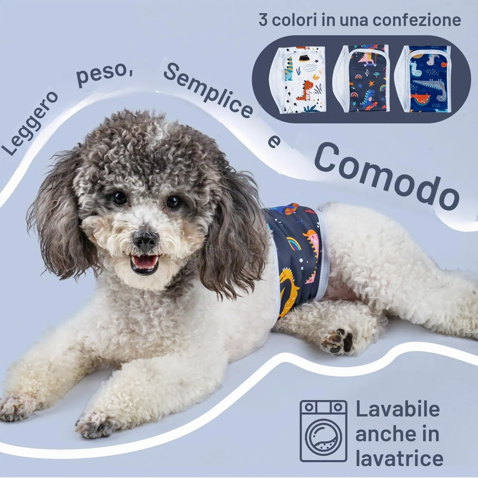 MICOOYO Pannolini Riutilizzabili per Cani Maschio, Lavabili, 3 Pezzi, Dinosauro, S - immagine 7
