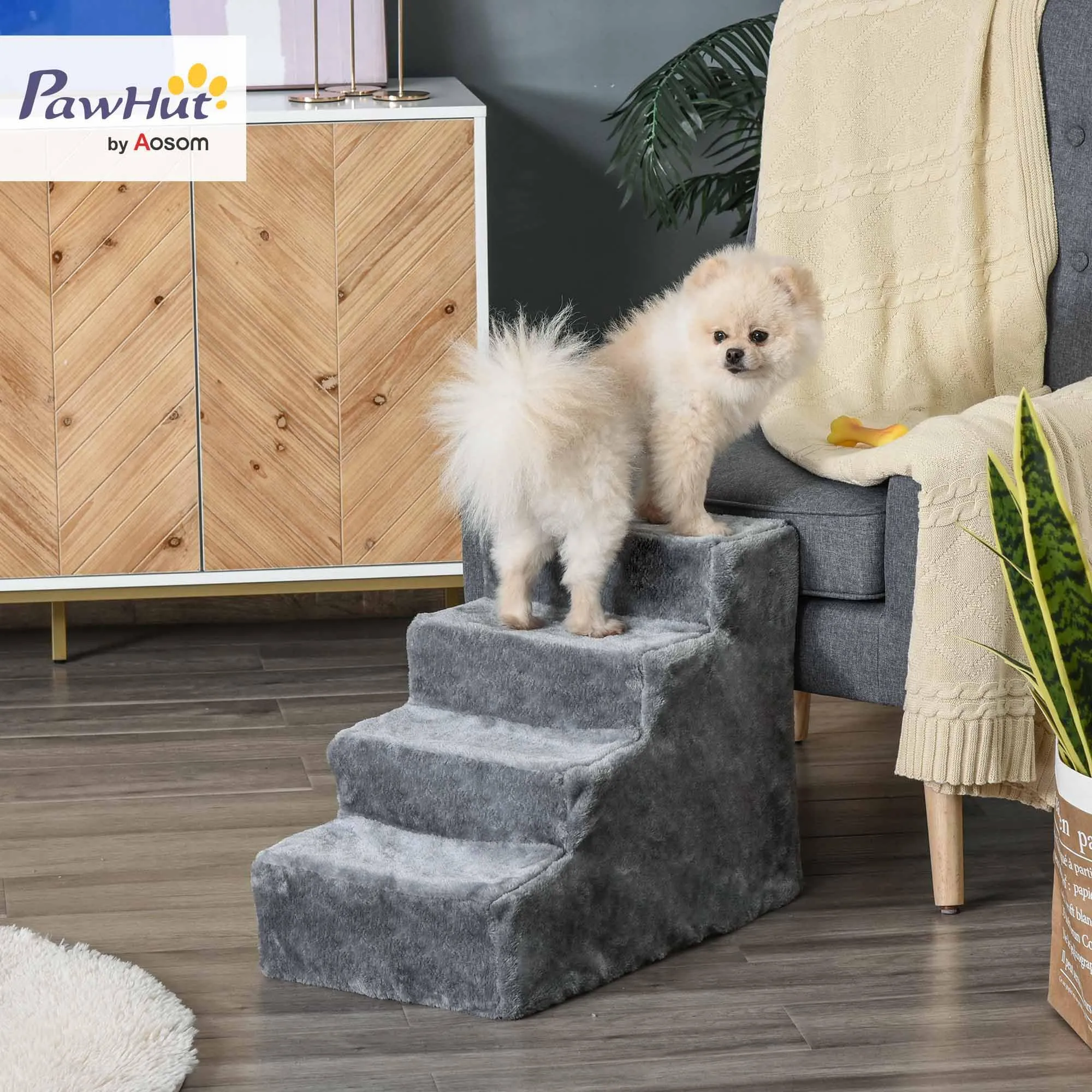 PawHut Scala per Cani e Gatti a 4 Gradini, 60x35x44 cm, Grigio Chiaro - immagine 2