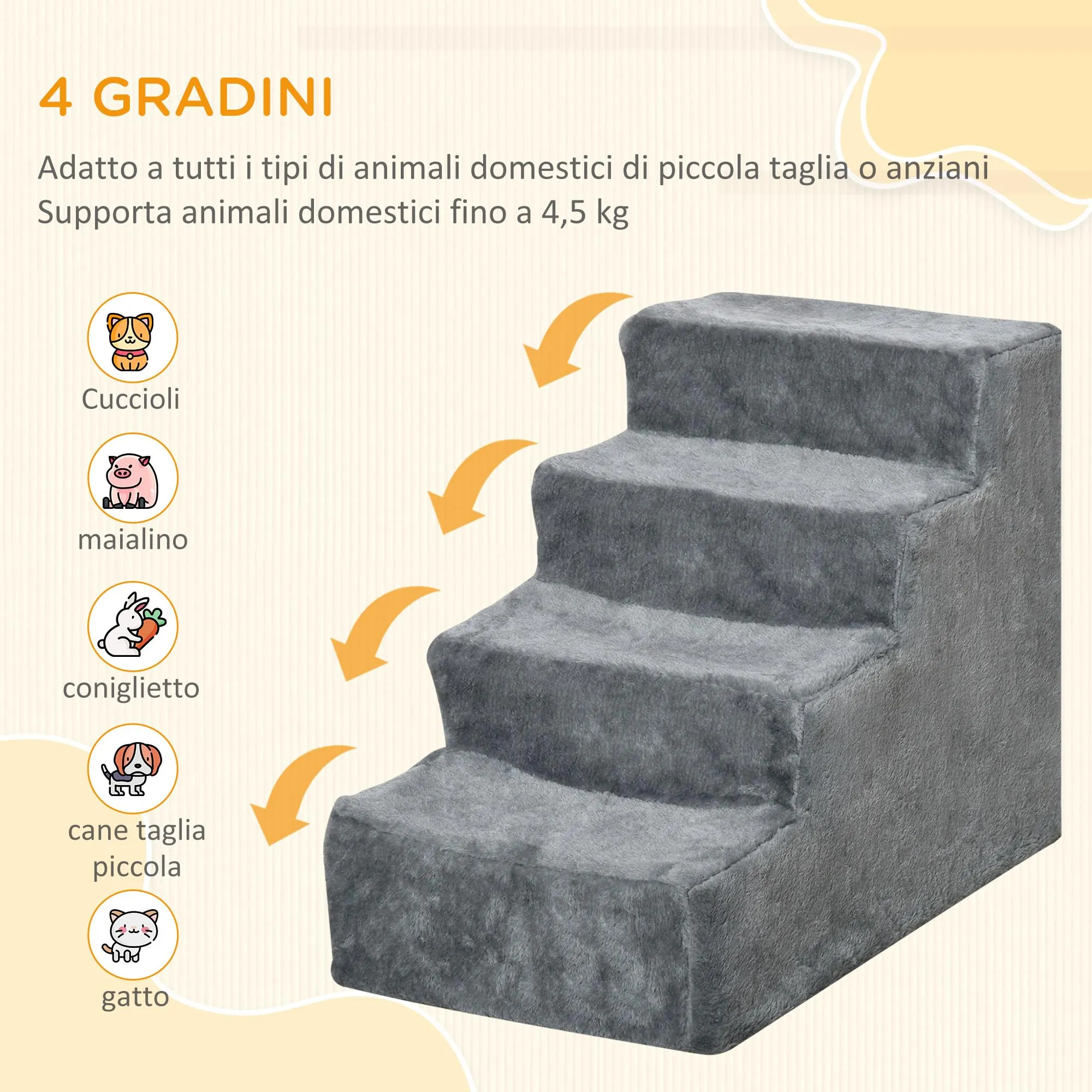 PawHut Scala per Cani e Gatti a 4 Gradini, 60x35x44 cm, Grigio Chiaro - immagine 4