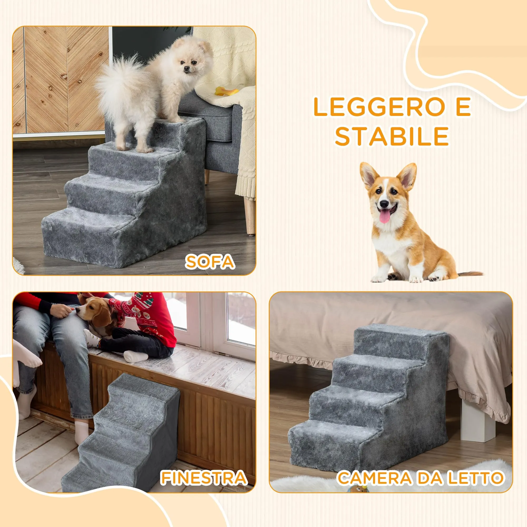 PawHut Scala per Cani e Gatti a 4 Gradini, 60x35x44 cm, Grigio Chiaro - immagine 7