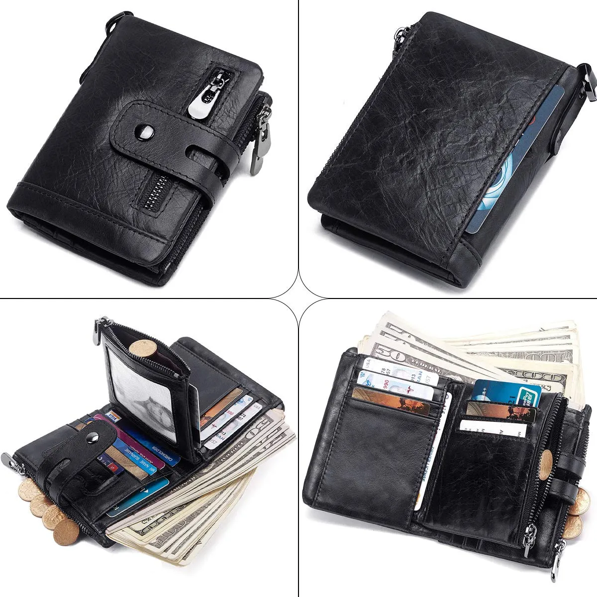REETEE Portafoglio Uomo in Vera Pelle con Blocco RFID, Catena e Portamonete a Cerniera, Bifold Verticale, Nero - immagine 2