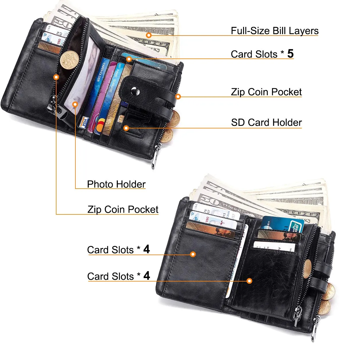 REETEE Portafoglio Uomo in Vera Pelle con Blocco RFID, Catena e Portamonete a Cerniera, Bifold Verticale, Nero - immagine 3