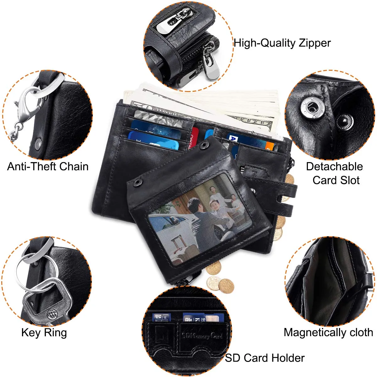REETEE Portafoglio Uomo in Vera Pelle con Blocco RFID, Catena e Portamonete a Cerniera, Bifold Verticale, Nero - immagine 4