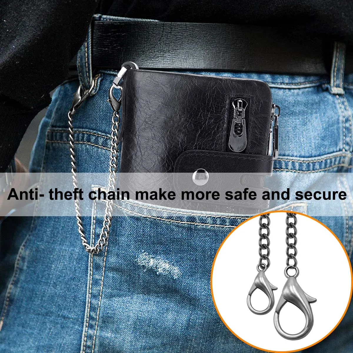 REETEE Portafoglio Uomo in Vera Pelle con Blocco RFID, Catena e Portamonete a Cerniera, Bifold Verticale, Nero - immagine 6