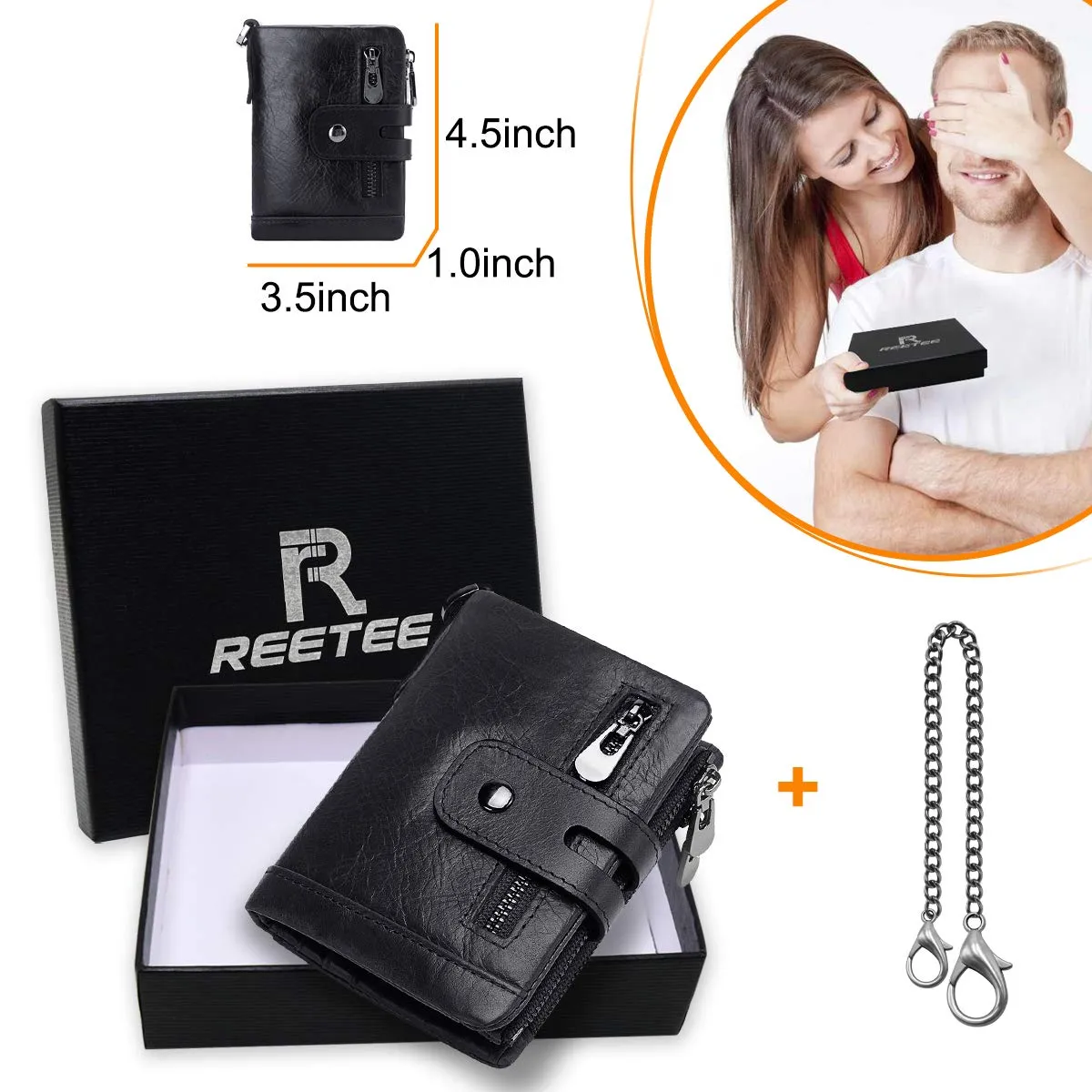 REETEE Portafoglio Uomo in Vera Pelle con Blocco RFID, Catena e Portamonete a Cerniera, Bifold Verticale, Nero - immagine 7
