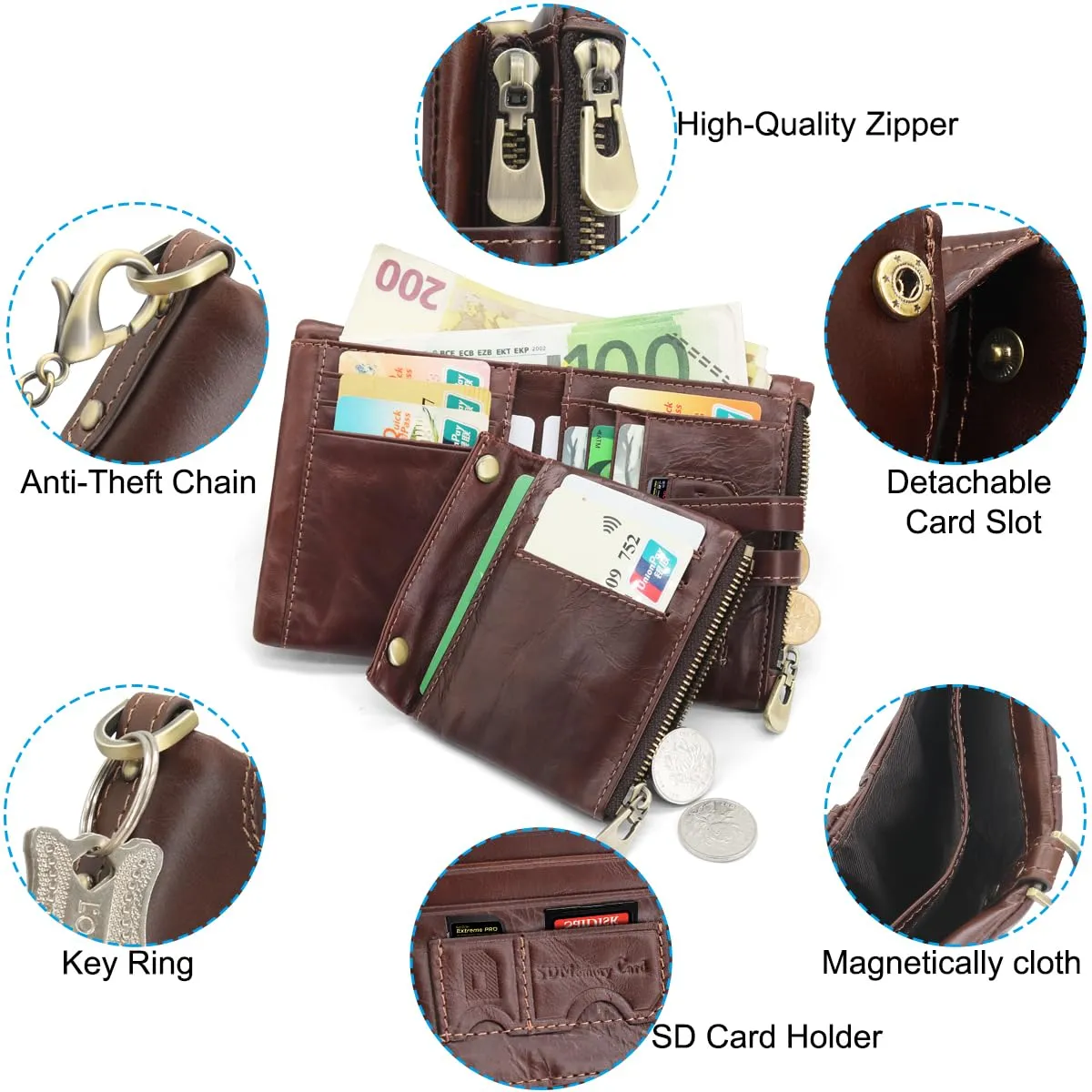 REETEE Portafoglio Uomo in Vera Pelle con Blocco RFID, Catena Removibile, 15 Porta Carte e Portamonete con Cerniera (A-caffè) - immagine 4