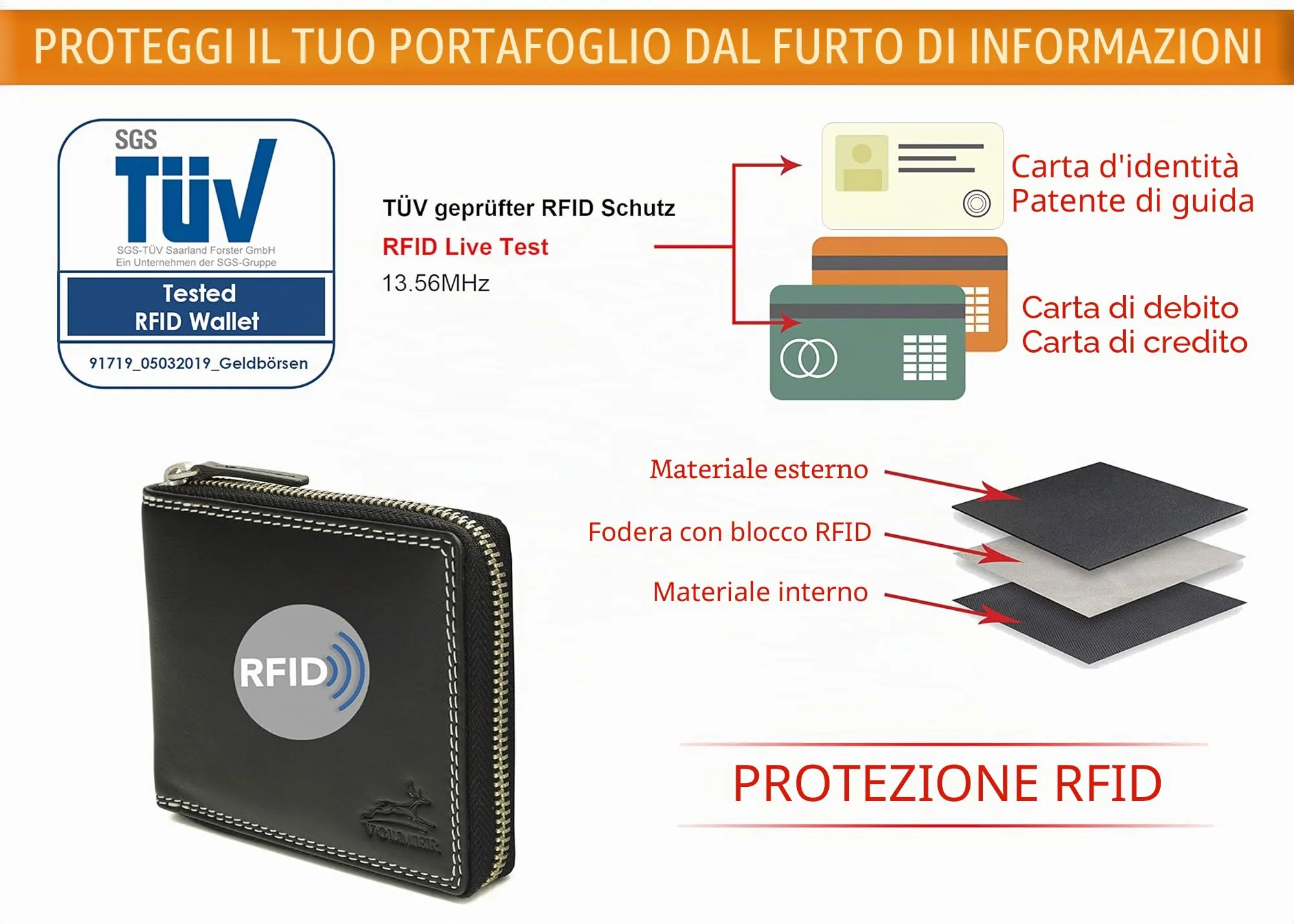 Fa.Volmer Portafoglio in pelle di vacchetta nera con cerniera esterna e protezione RFID - BlZip07 - immagine 6