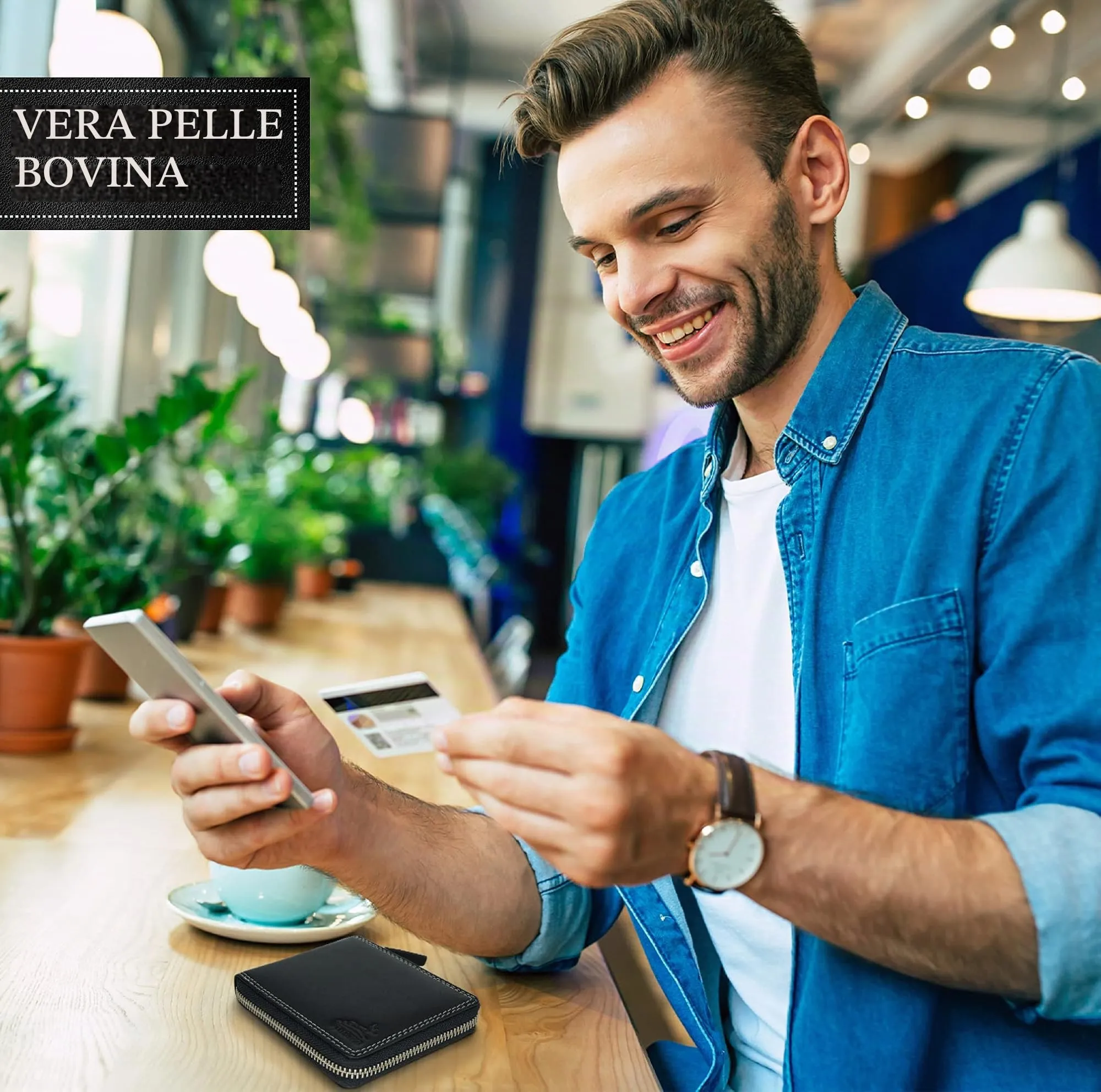 Fa.Volmer Portafoglio in pelle di vacchetta nera con cerniera esterna e protezione RFID - BlZip07 - immagine 7