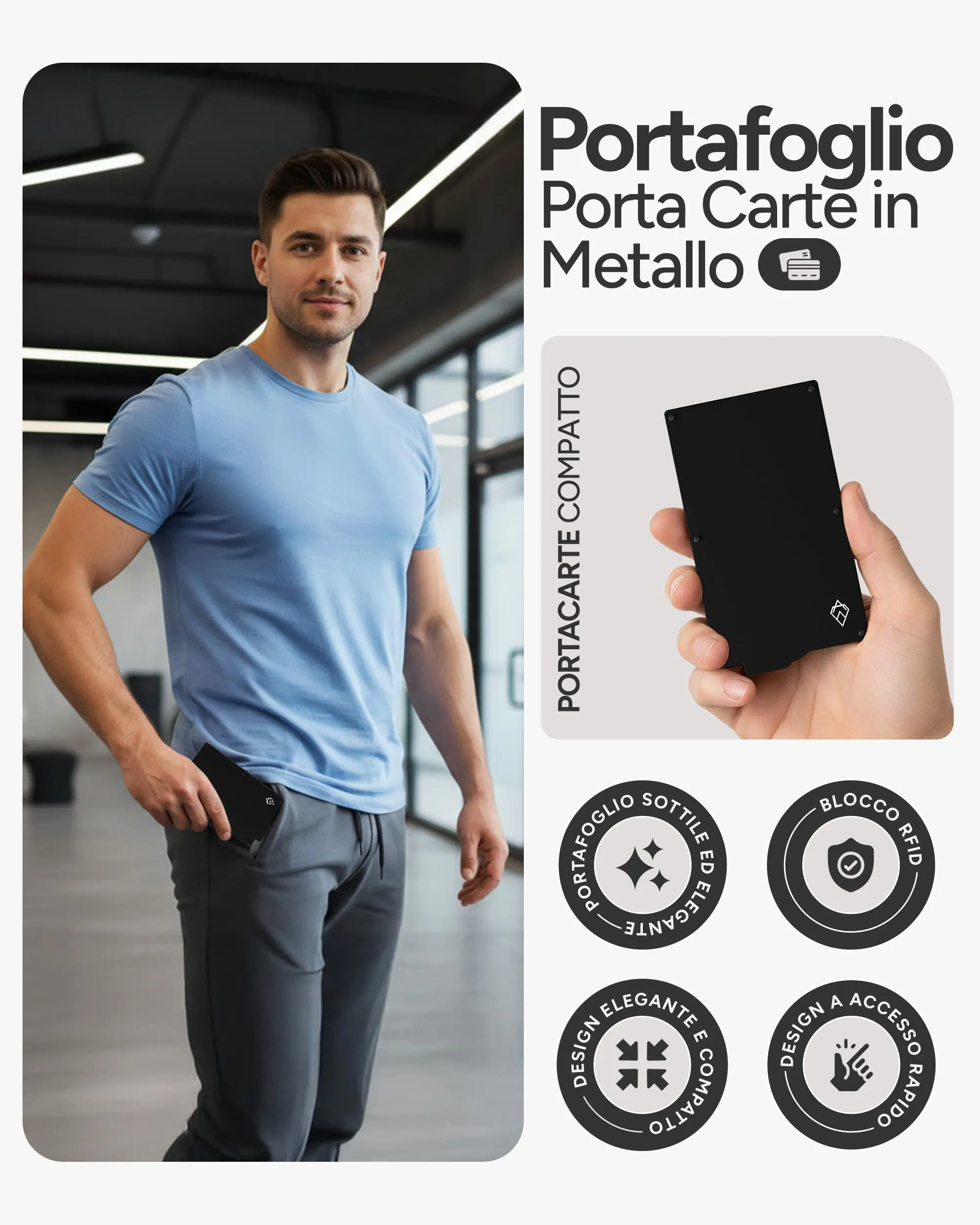 AKIELO Alpha Porta Carte di Credito con Blocco RFID, Portafoglio Uomo Slim Minimalista (Edizione Nera) - immagine 2