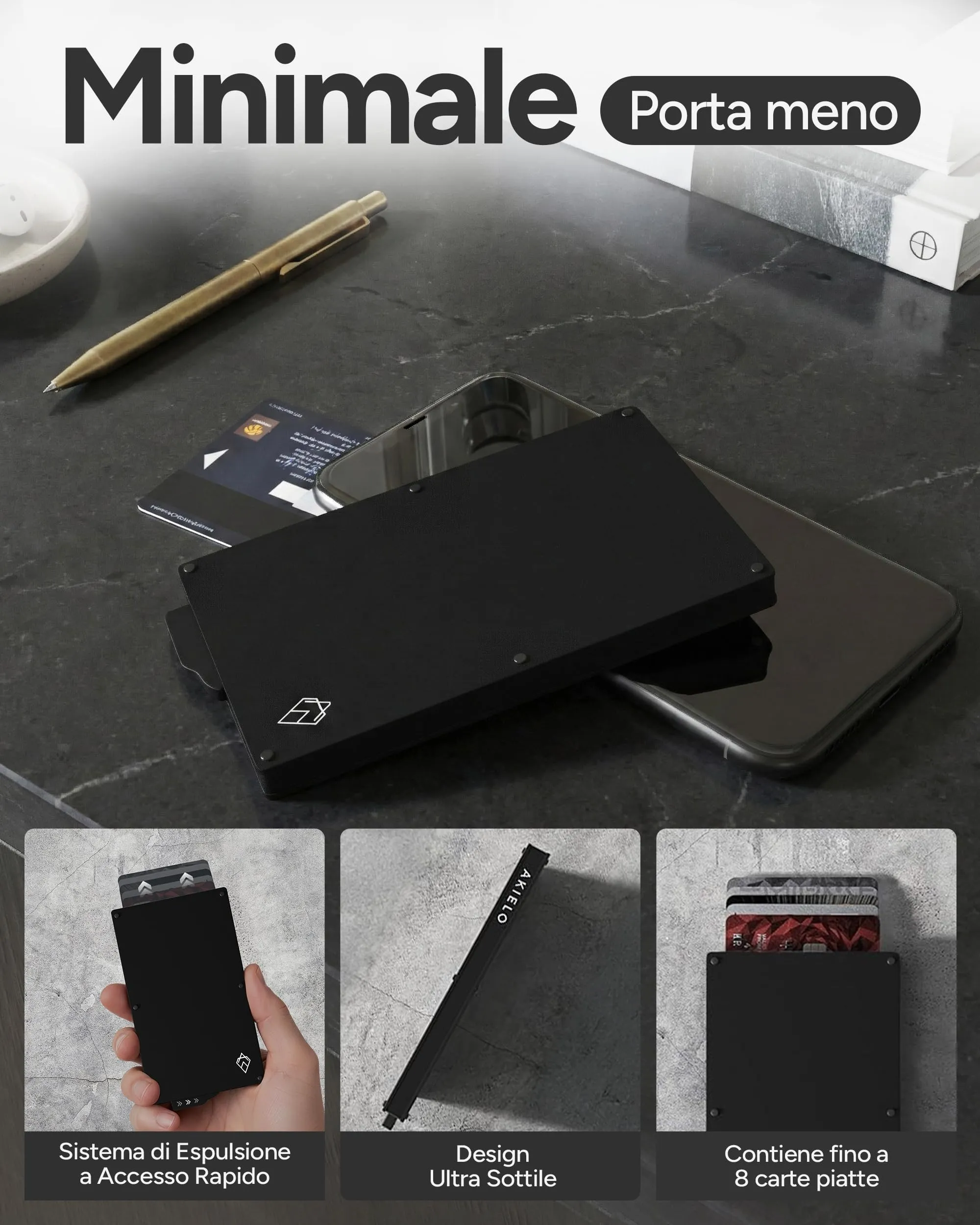 AKIELO Alpha Porta Carte di Credito con Blocco RFID, Portafoglio Uomo Slim Minimalista (Edizione Nera) - immagine 4