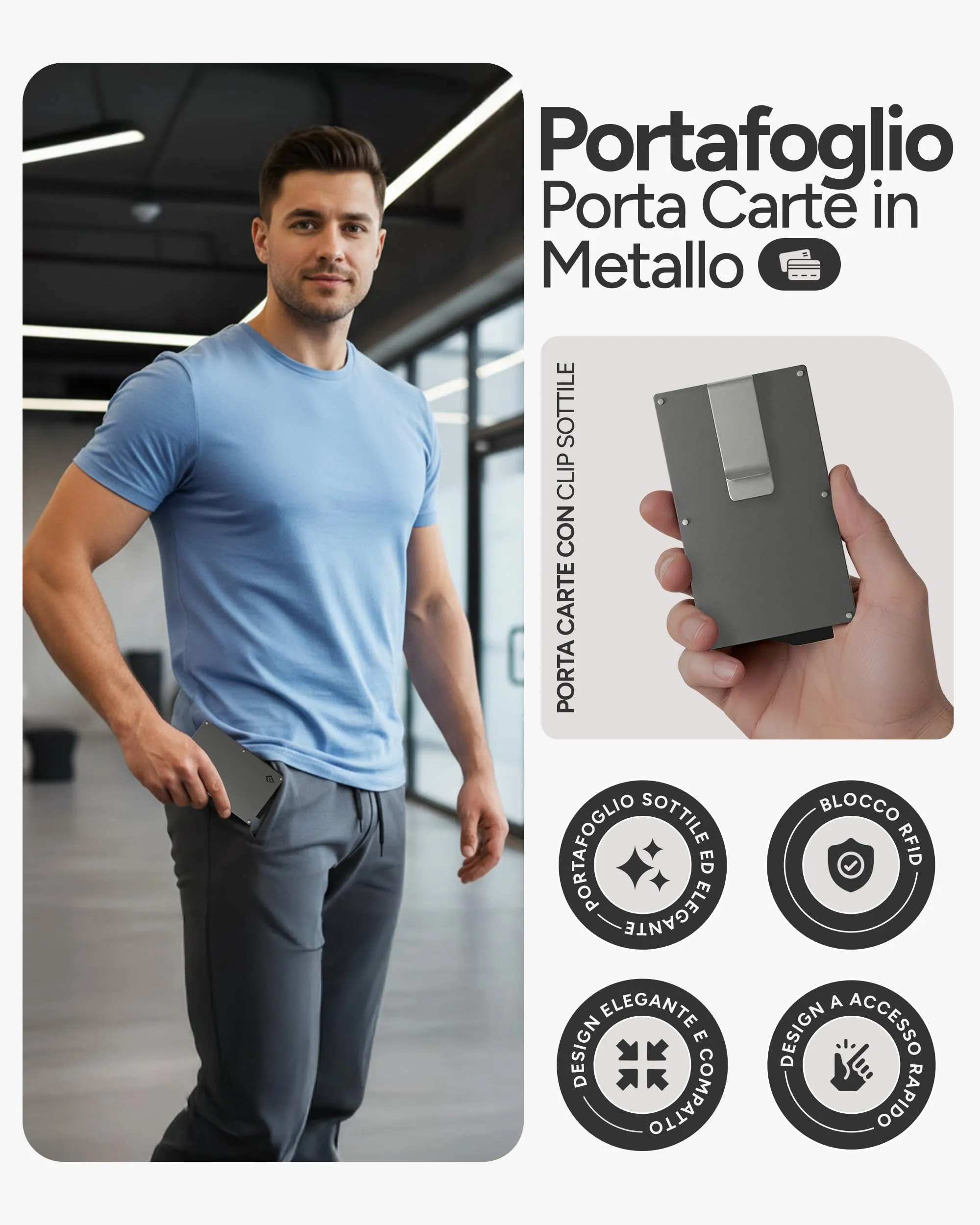 AKIELO Alpha Portafoglio Slim Porta Carte di Credito con Blocco RFID e Fermasoldi - Edizione Titanio - immagine 2