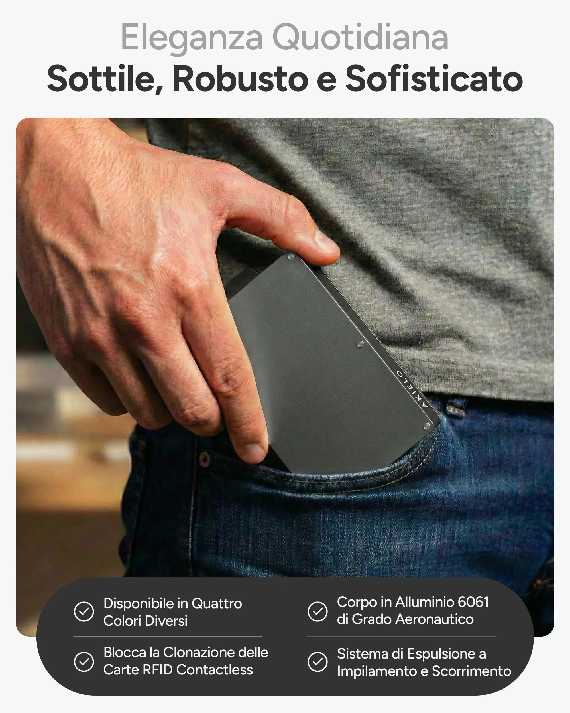 AKIELO Alpha Portafoglio Slim Porta Carte di Credito con Blocco RFID e Fermasoldi - Edizione Titanio - immagine 3