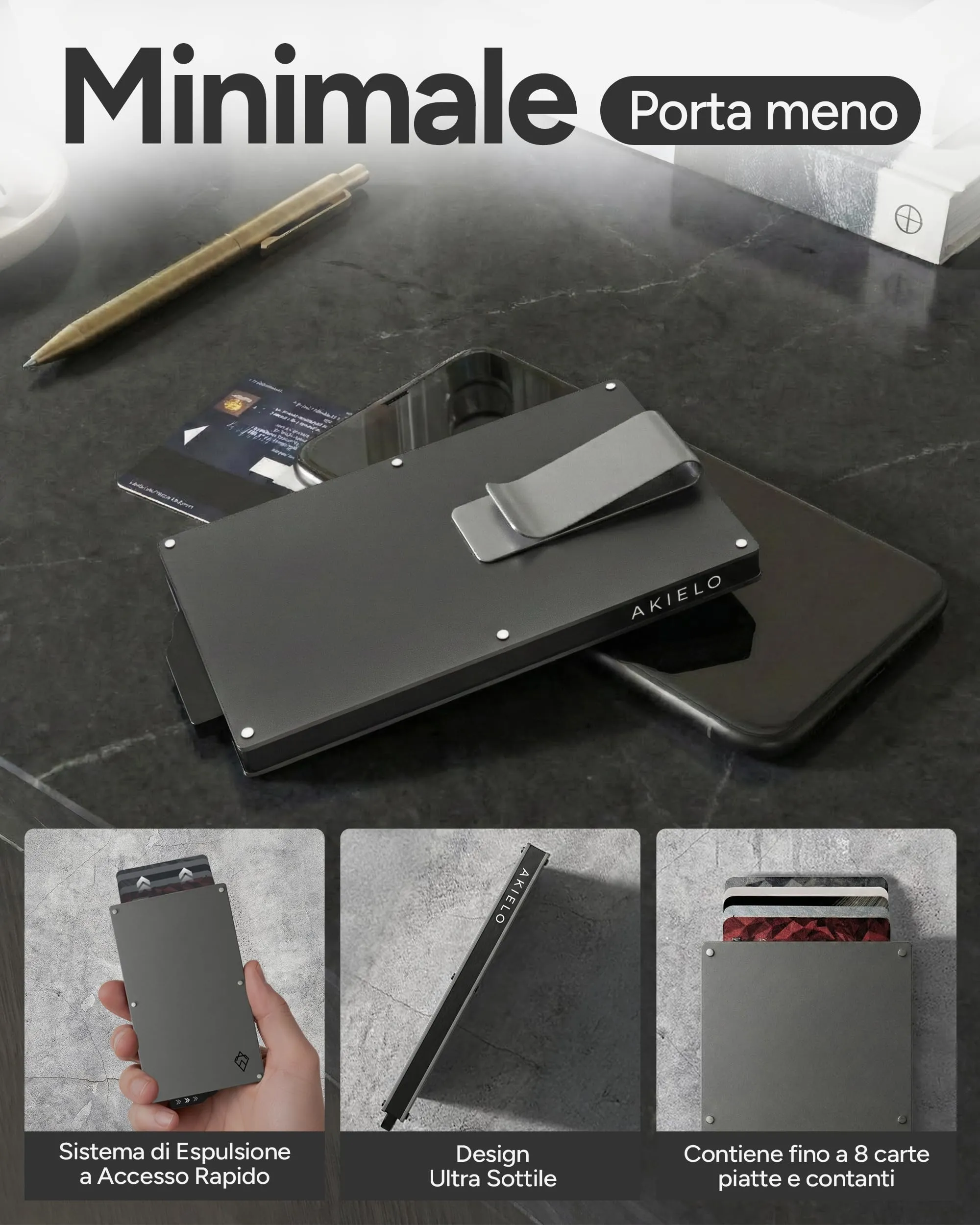 AKIELO Alpha Portafoglio Slim Porta Carte di Credito con Blocco RFID e Fermasoldi - Edizione Titanio - immagine 4