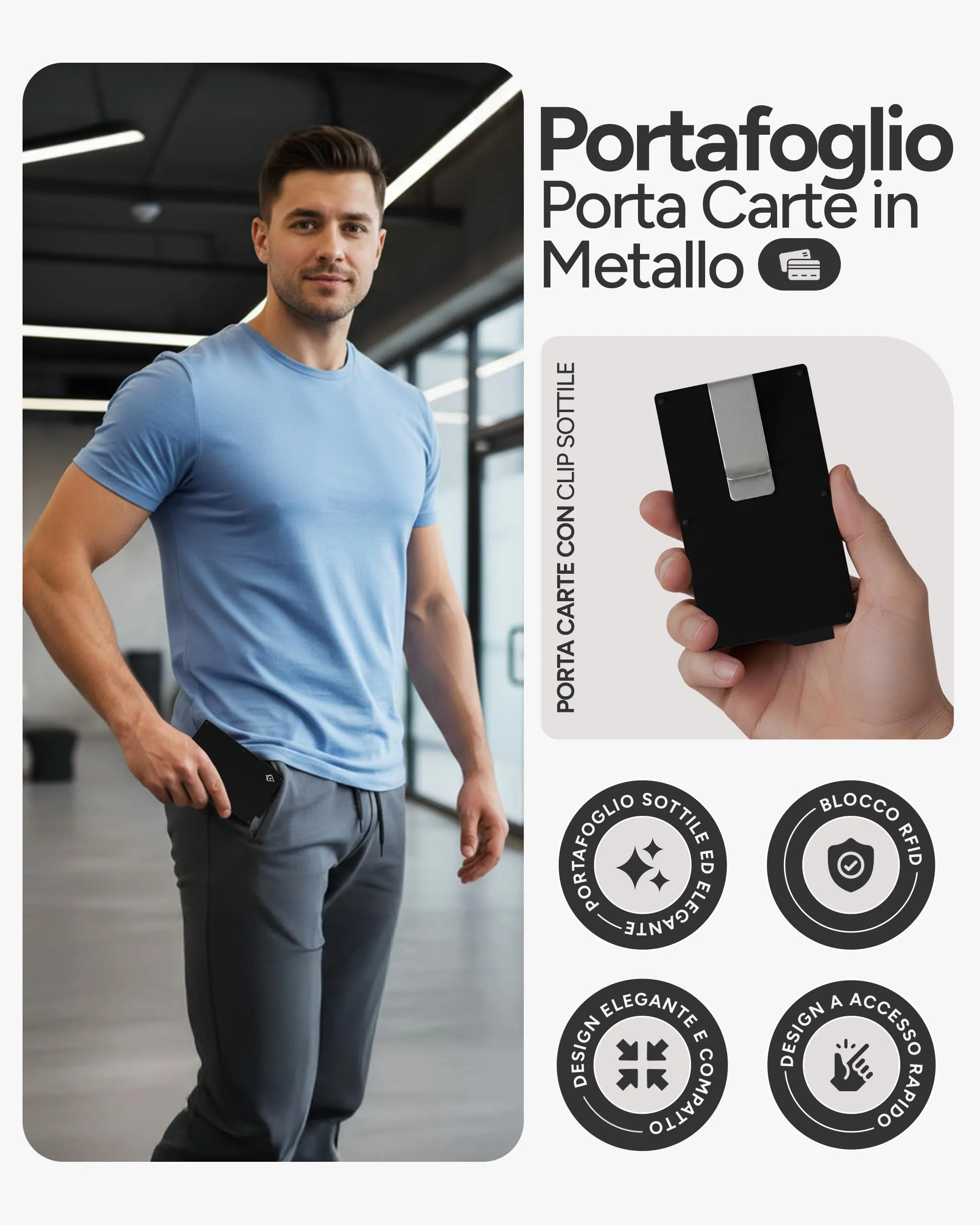 AKIELO Alpha Portafoglio Slim Porta Carte di Credito RFID con Fermasoldi - Edizione Nera - immagine 2